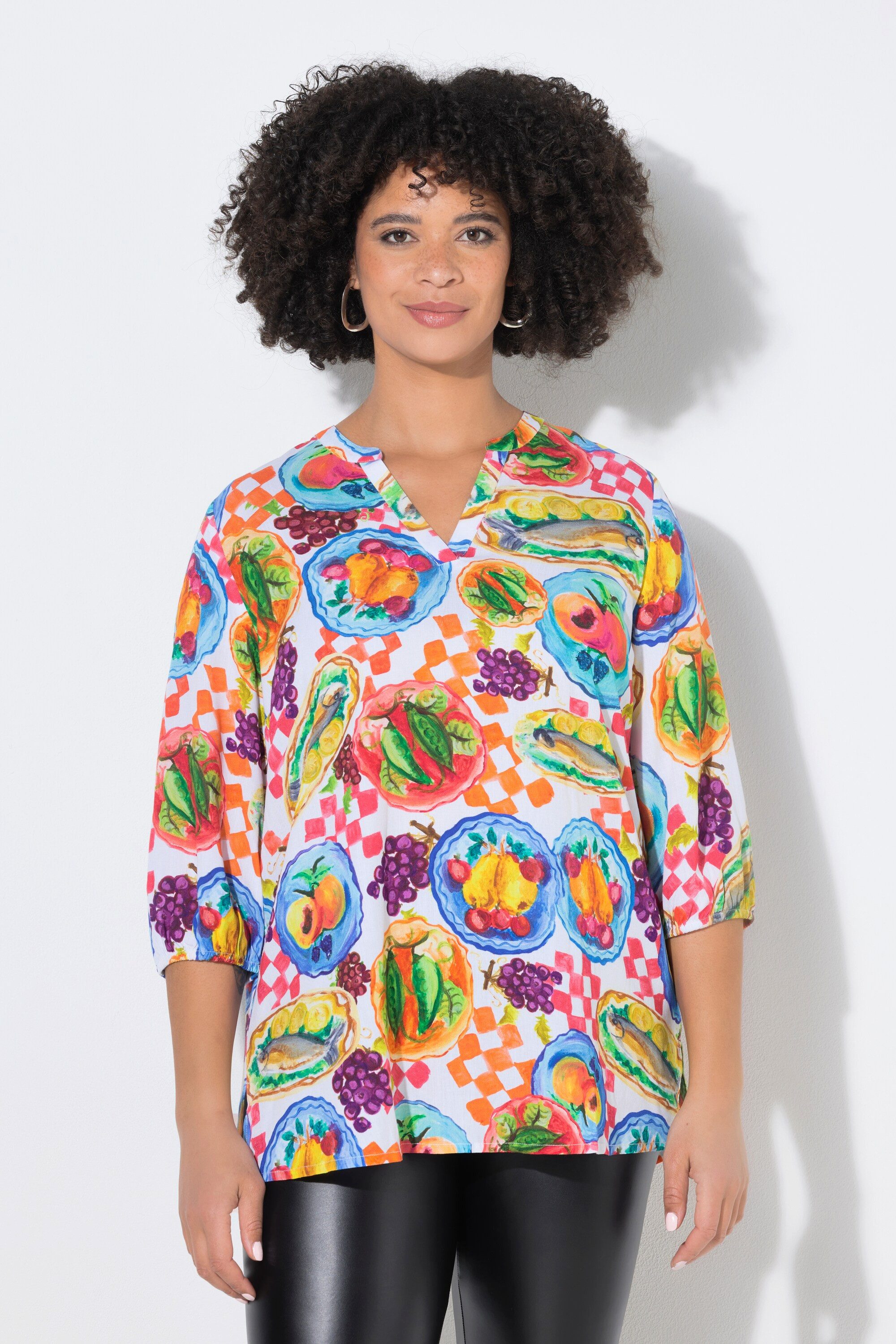 Longbluse Bluse A-Linie Essen-Muster Langarm