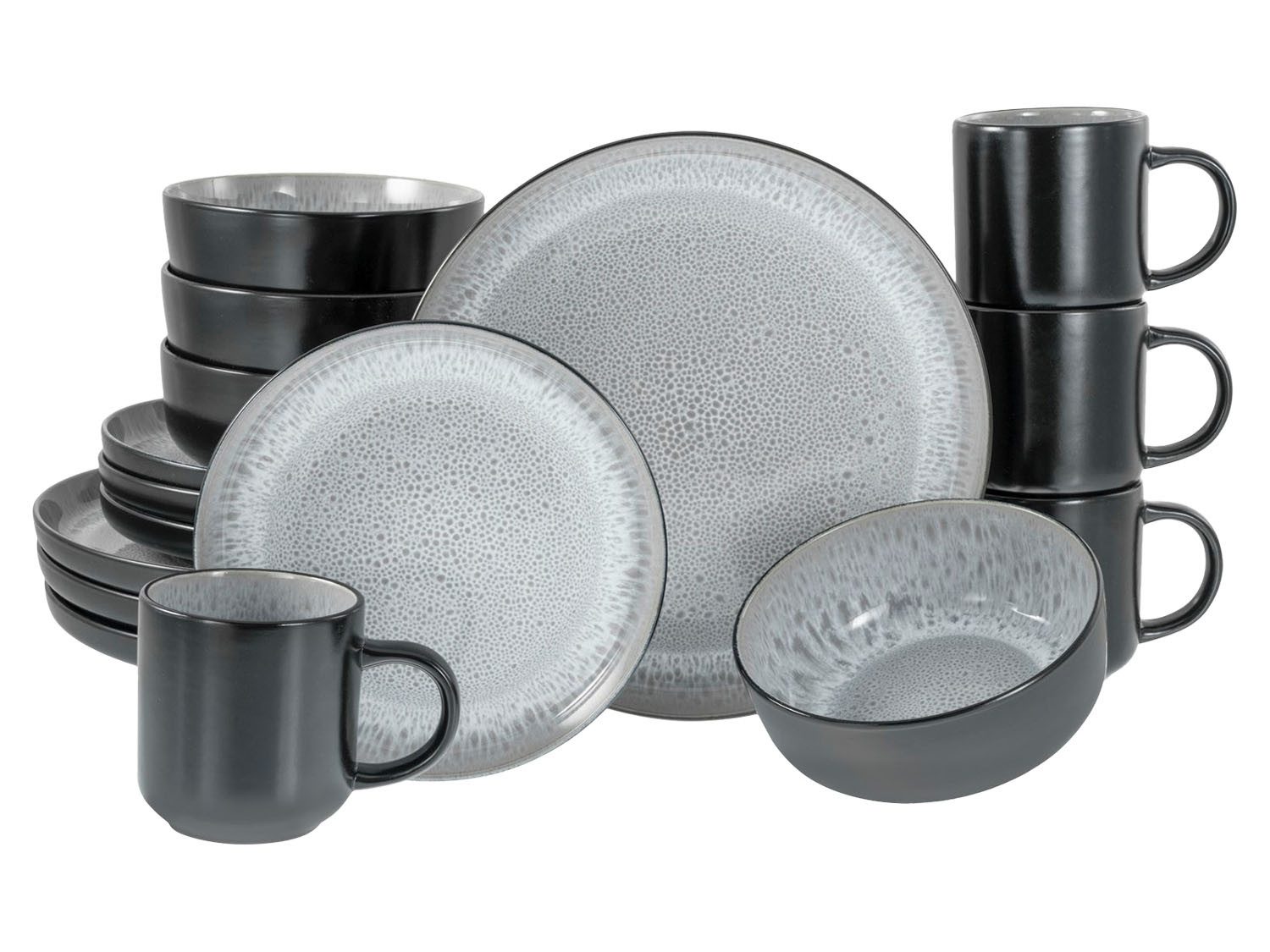 CreaTable Kombiservice NORDIC FJORD, Grau, Schwarz, mit Reaktivglasur, (16-tlg), 4 Personen, Steinzeug, Spülmaschinengeeignet, Mikrowellengeeignet