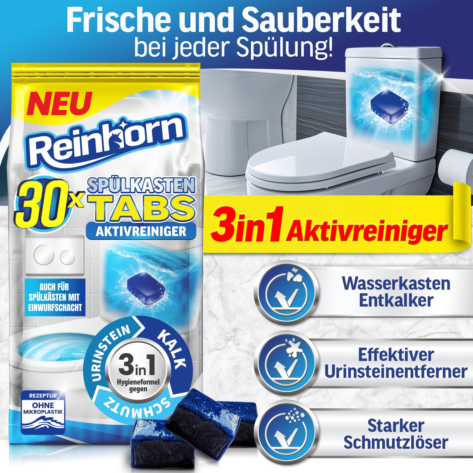 Reinhorn Spülkasten Tabs Wasserkastenwürfel 3in1 Aktivreiniger Entkalker WC-Reiniger (30 Tabs, [- Wasserkastenwürfel mit Aktivreiniger 3in1)