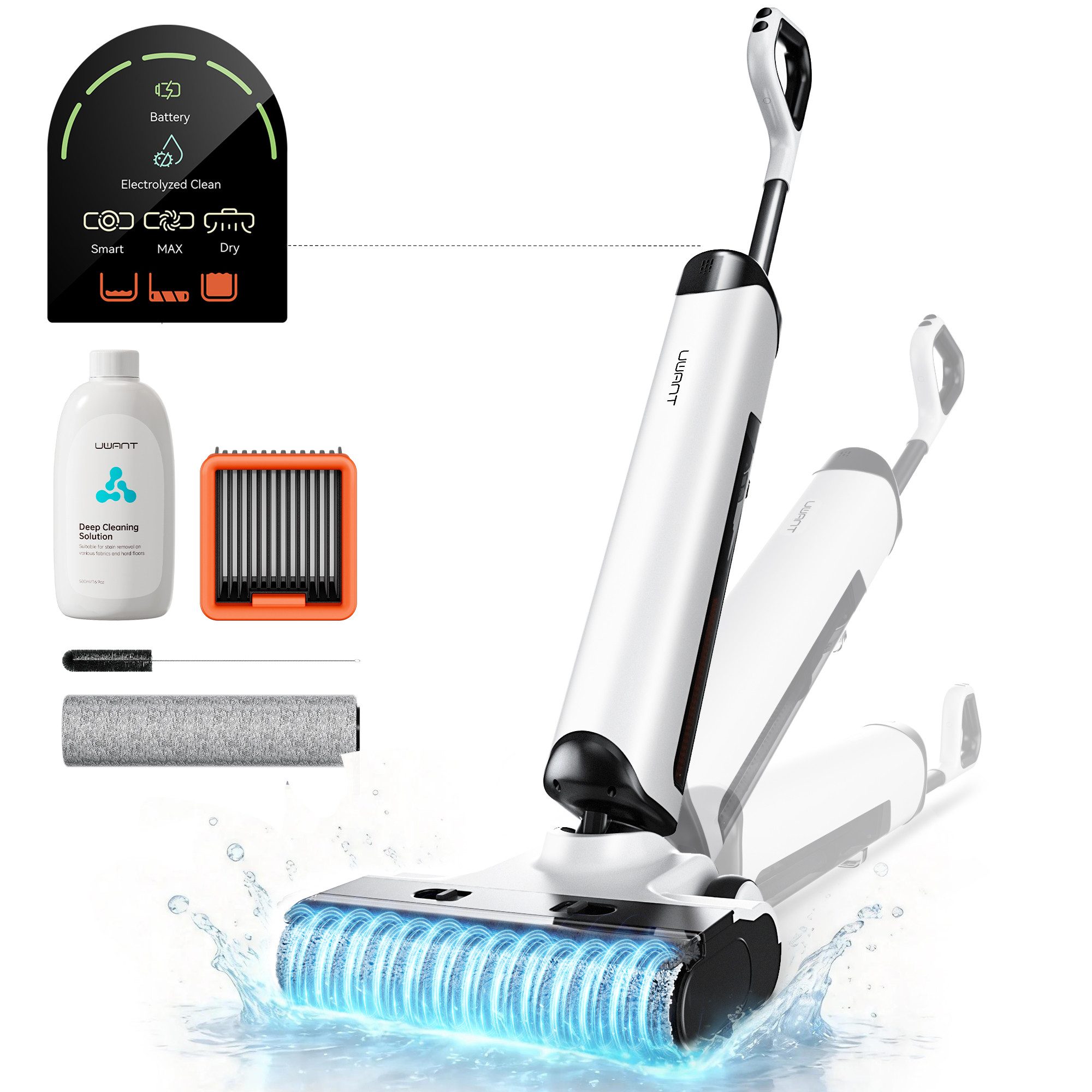 UWANT Nass-Trocken-Akkusauger D500 Echtzeit-Elektrolysewasser zur Geruchsbeseitigung, 230 W, Sofortige Wasser-Elektrolyse, 65°C Leis Heißtrocknung,IPX6 wasserdichte Bodenbürste