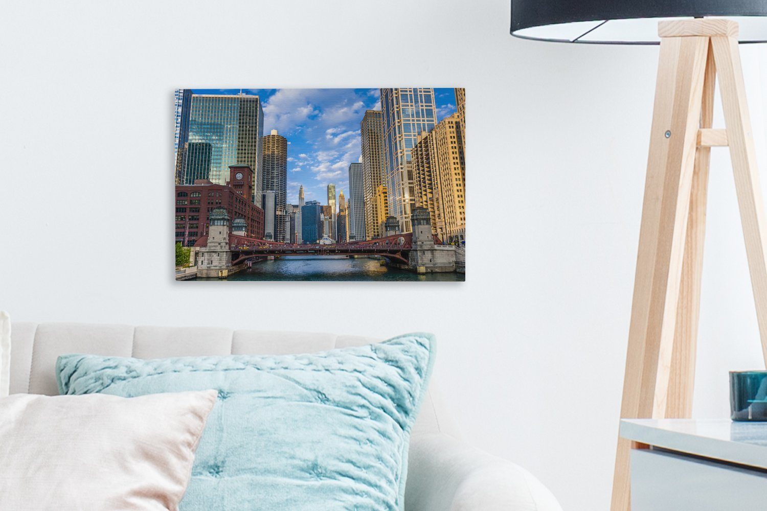 OneMillionCanvasses® Leinwandbild Chicago - Wandbild (1 Aufhängefertig, St), Fluss cm - Architektur, 30x20 Wanddeko, Leinwandbilder