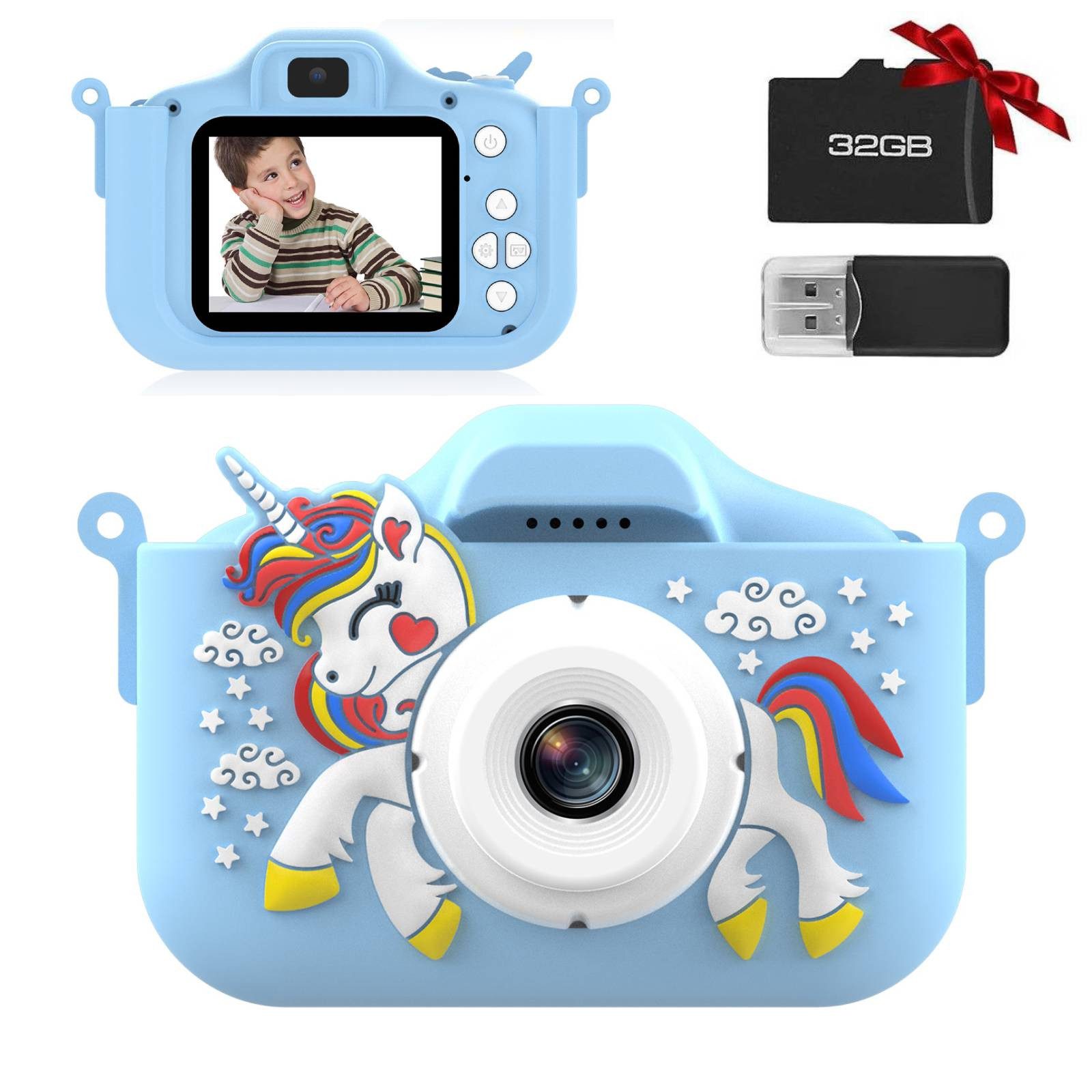 BlingBin 2.0” Display Digitalkamera, 1080P HD Fotoapparat mit 32GB SD Karte Kinderkamera (inkl. 1 Stück, Videokamera mit Puzzlespiele und Musikmodus für 3-12Jahre Kinder, Blau)
