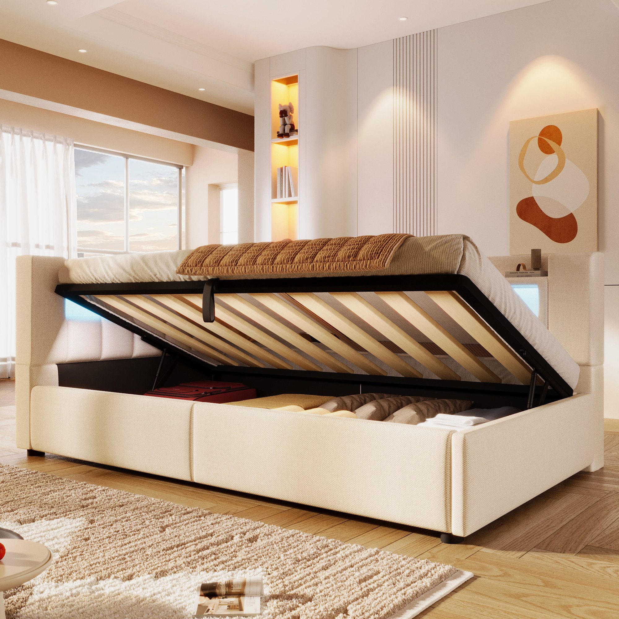 Merax Daybett 90x200cm mit LED-Beleuchtung und USB&Typ-C Ladefunktion (Jugendbett Einzelbett Sofabett, 1 tlg), Tagesbett mit hydraulischem Stauraum & Staufächer – Bild 3 von 5