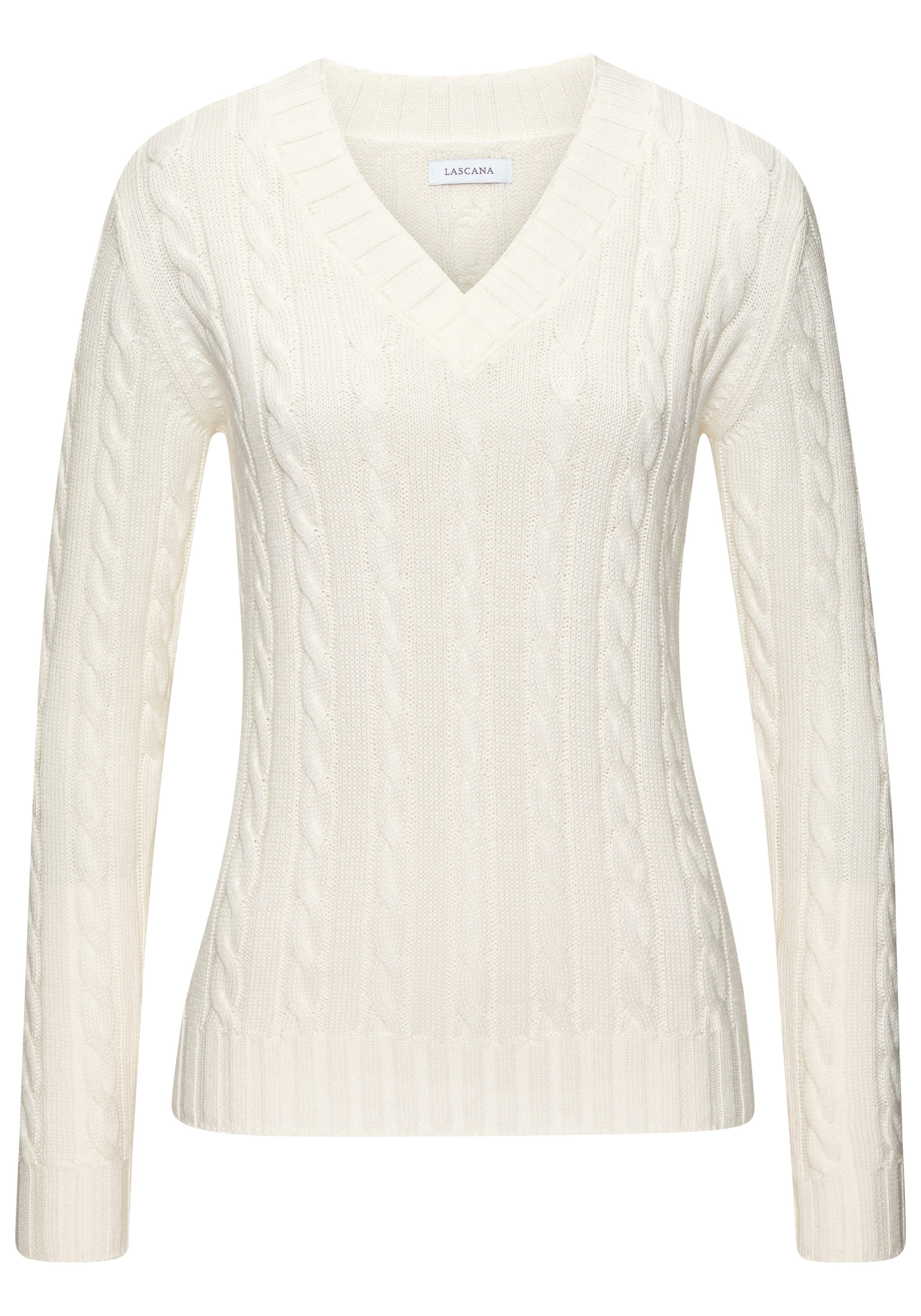 LASCANA V-Ausschnitt-Pullover mit Zopfstrickmuster