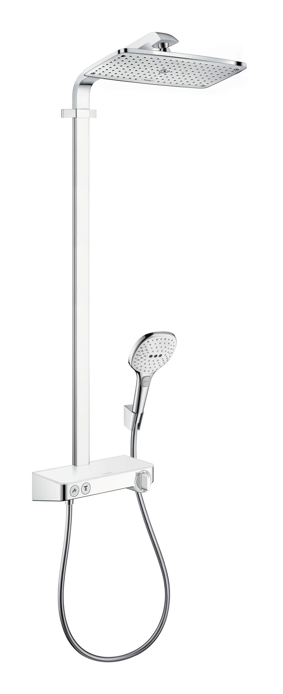 hansgrohe Duschsystem Raindance E Showerpipe, Höhe 110 cm, 360 1jet mit ShowerTablet Select 300 - Weiß / Chrom