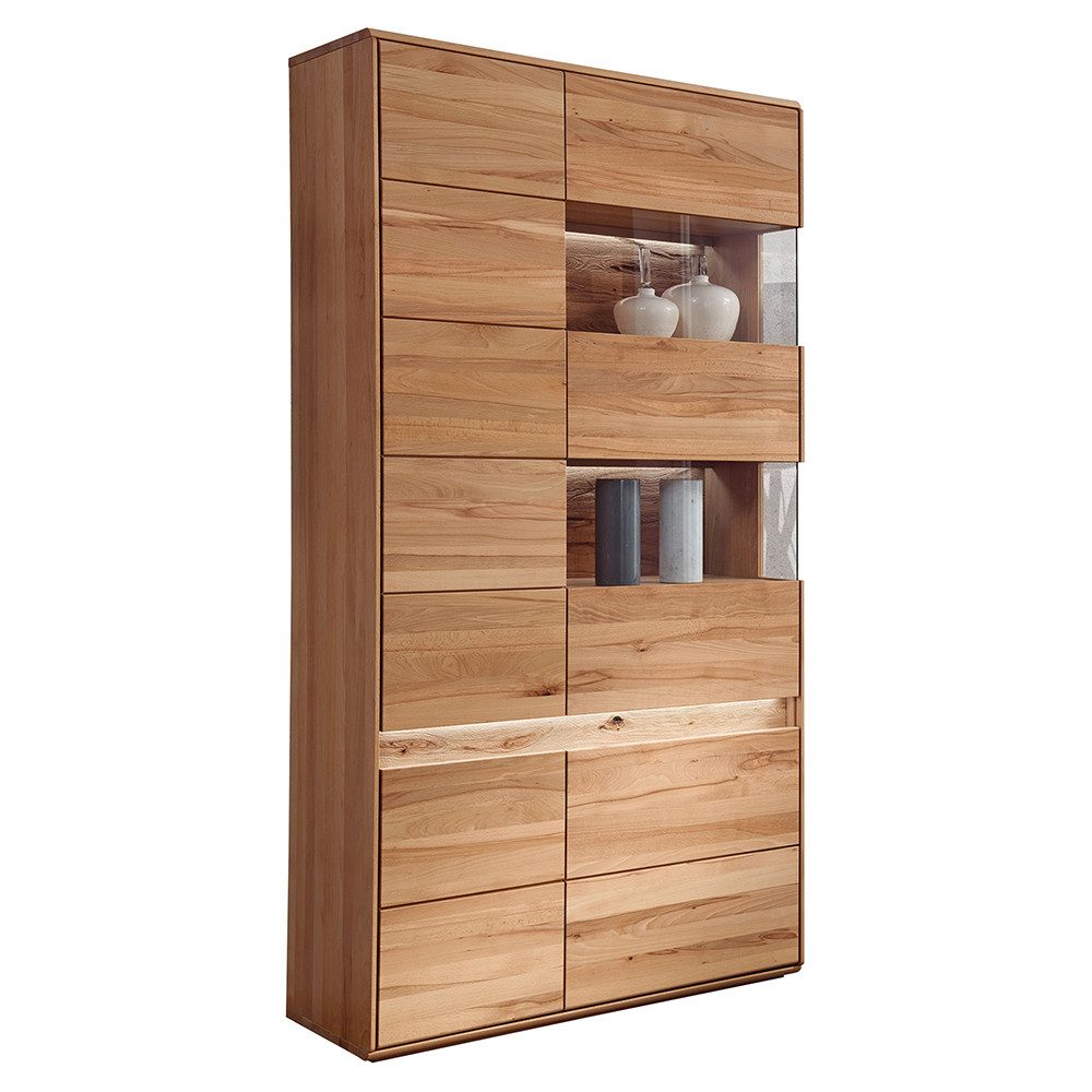 Lomadox Vitrine WELLAND-69 103 cm, Kernbuche massiv geölt mit LED-Beleuchtung, Türanschlag rechts