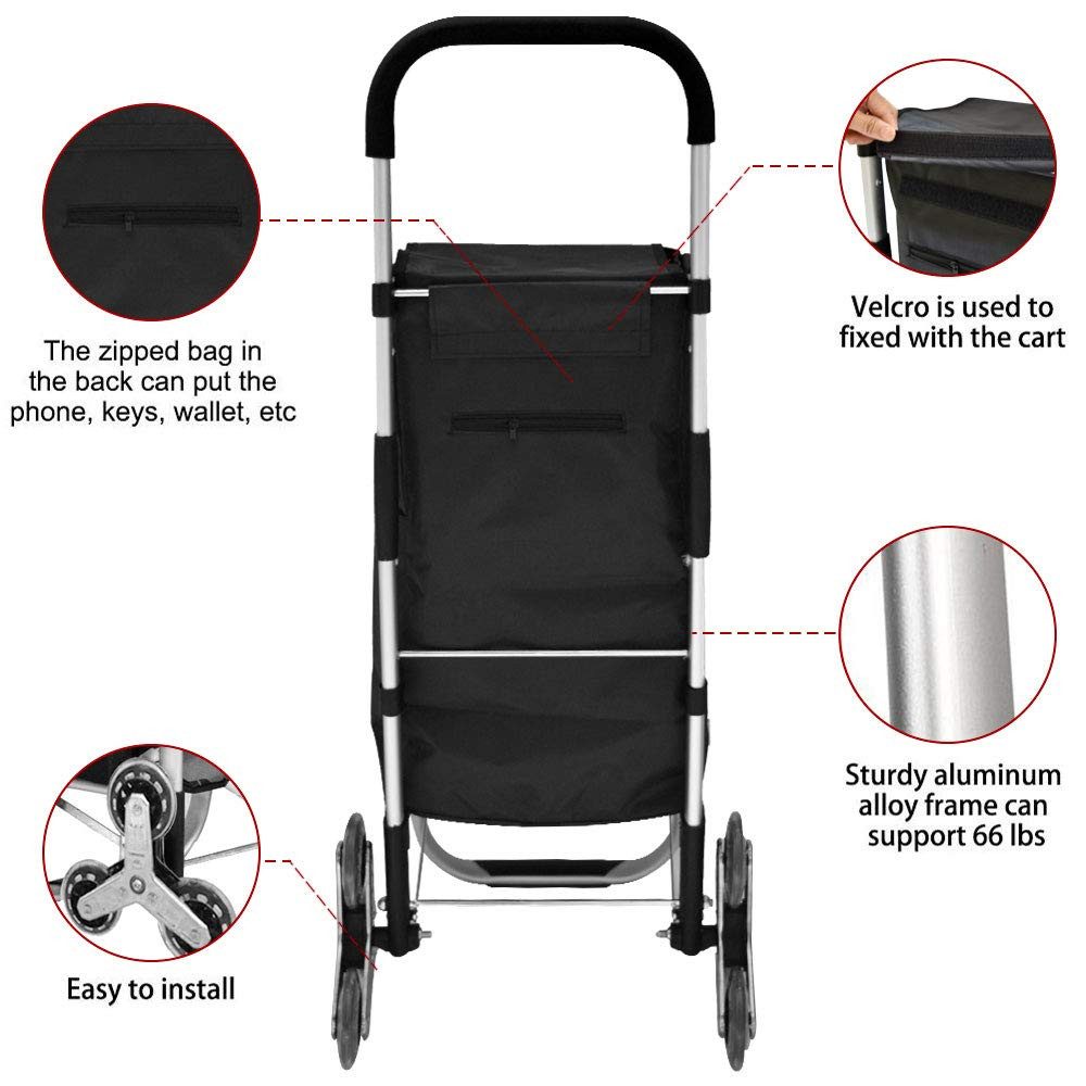 Produktbild von VOUNOT® Aluminium Einkaufstrolley Treppensteiger, Trolly Einkaufswagen Klappbar Mit Haken 6 Räder, Schwarz