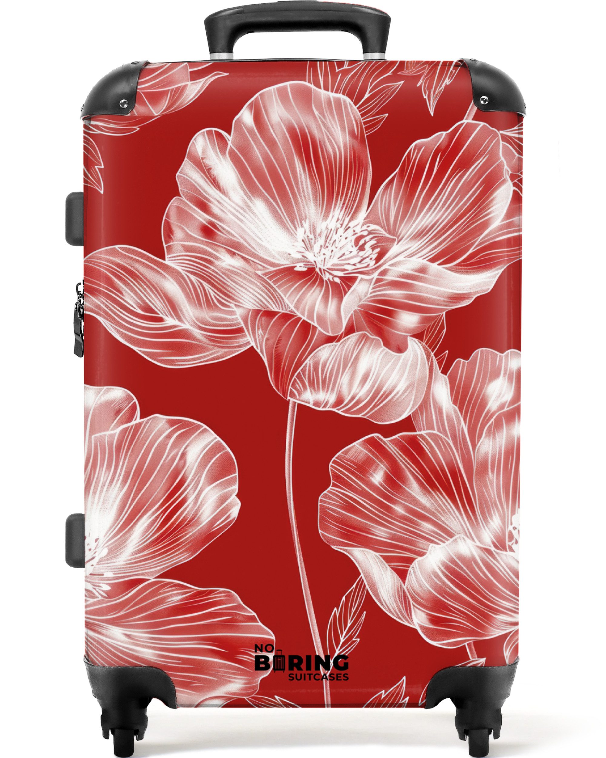 NoBoringSuitcases.com© Hartschalen-Trolley Rot mit weißen Blüten günstig online kaufen
