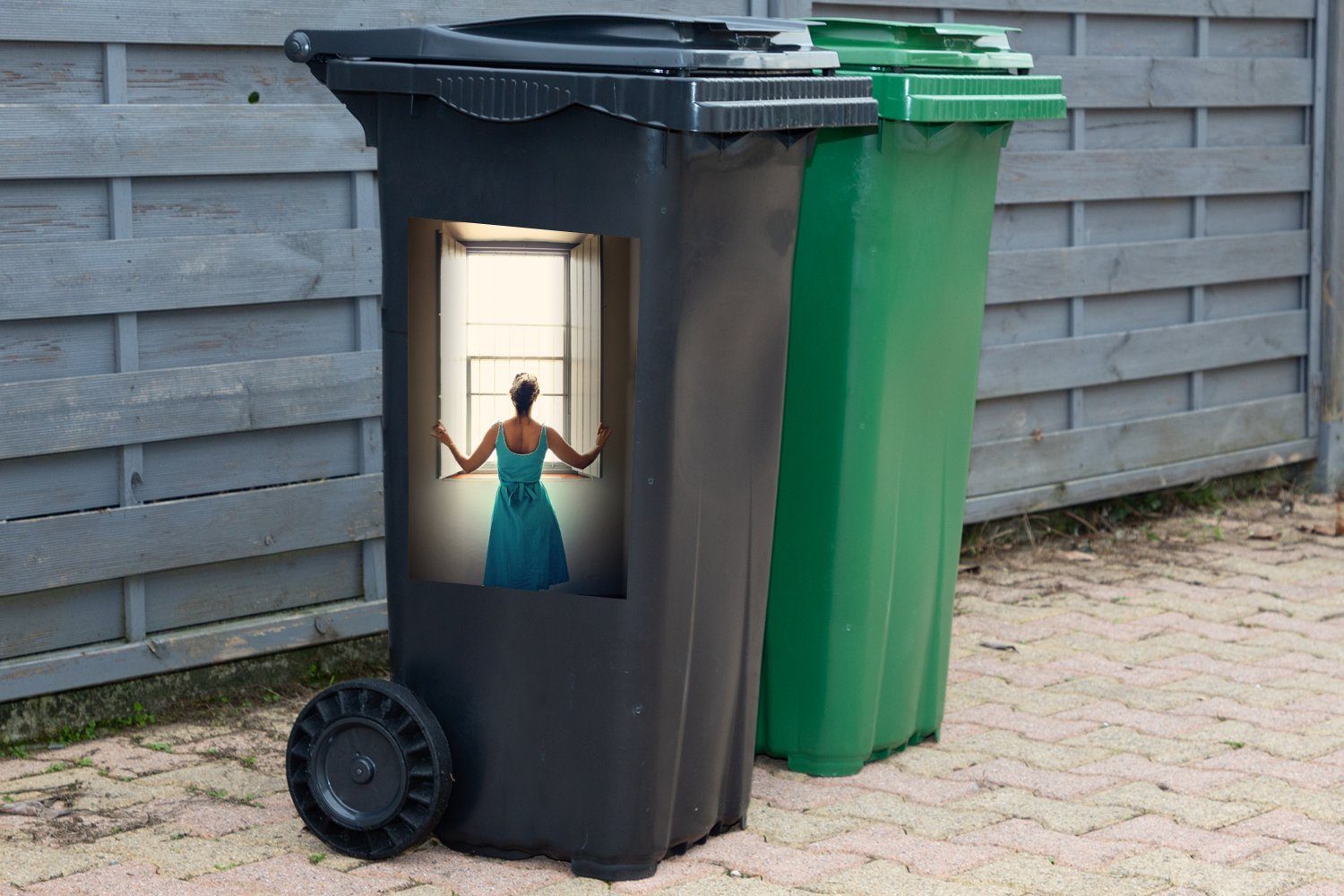 Mülltonne, St), Container, Sticker, MuchoWow öffnet Fenster Frau Abfalbehälter Wandsticker (1 Mülleimer-aufkleber,