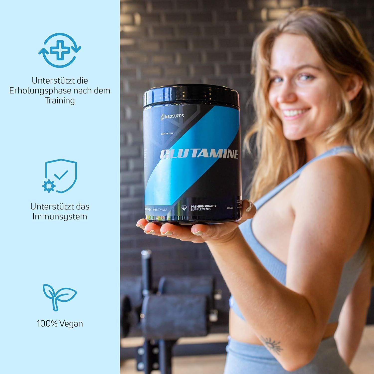 Neosupps L-Glutamin Pulver, Geschmacksneutral, Post Workout, Vegan & 100% Rein Pulver, Pures L-Glutamine Hochdosiert & ohne Zusatzstoffe, Made in Germany