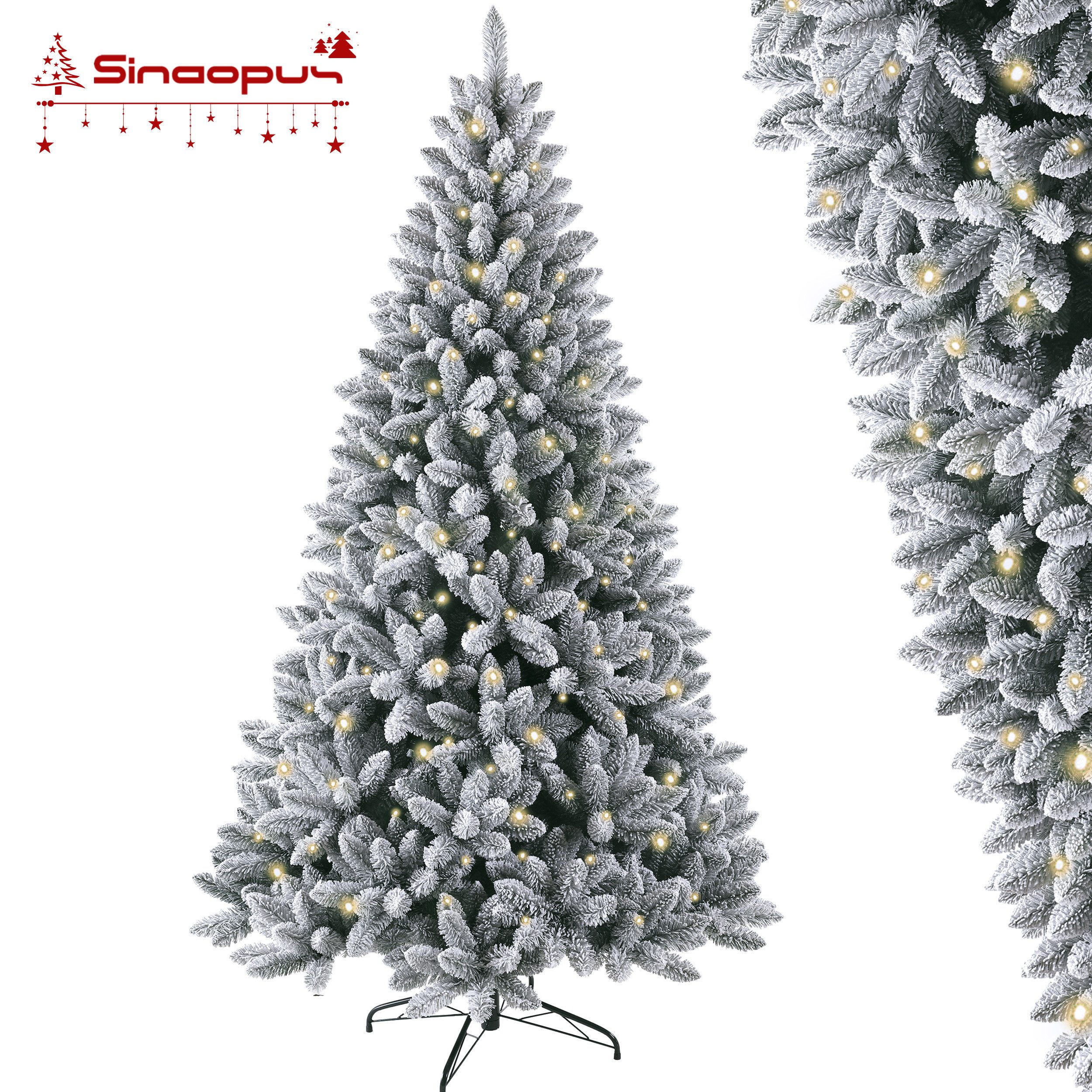Vankel Künstlicher Weihnachtsbaum 180cm Tannenbaum aus 100% PVC/PVC+PE, Christbaum mit Metallständer, Tannenbaum künstlich, Weihnachtsbaum mit Beleuchtung, Künstlicher Tannenbaum mit Schnee, Premium Weihnachtsbaum naturgetreu