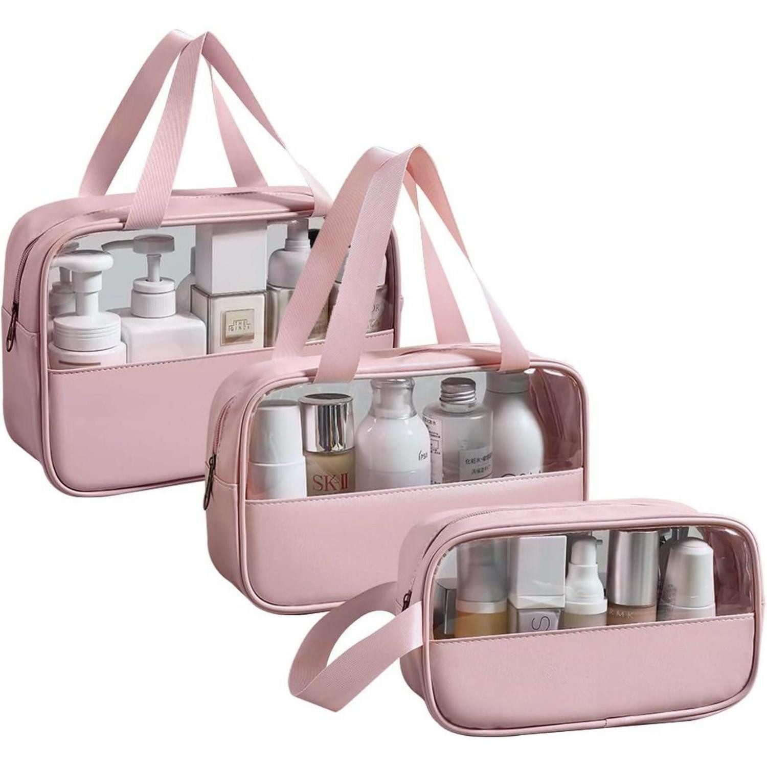 Kosmetiktasche Kosmetiktasche transparent PVC wasserdicht Kulturbeutel 3er Rosa
