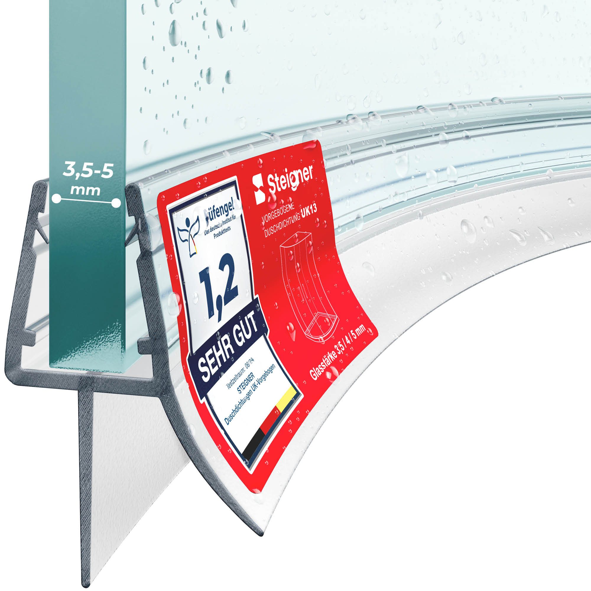 STEIGNER Duschdichtung 30cm Vorgebogene Ersatzdichtung für Runddusche, L: 30 cm, (1 Stück Packung, Einzeldichtung), Glasstärke 3,5/4/ 5 mm Model: UK13