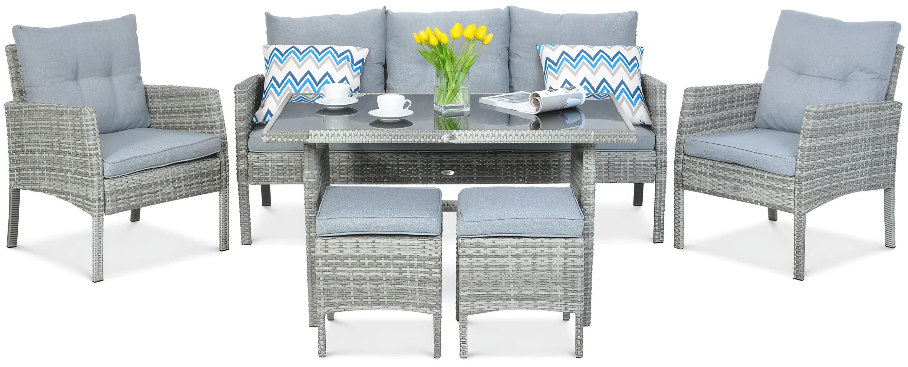 Focus Garden Gartenlounge-Set "CORTINA" Polyrattan mit Tisch + Hocker, Witterungsbeständig, (7-tlg), für bis zu 7 Personen, mit Kissen, Gartenmöbel-Set