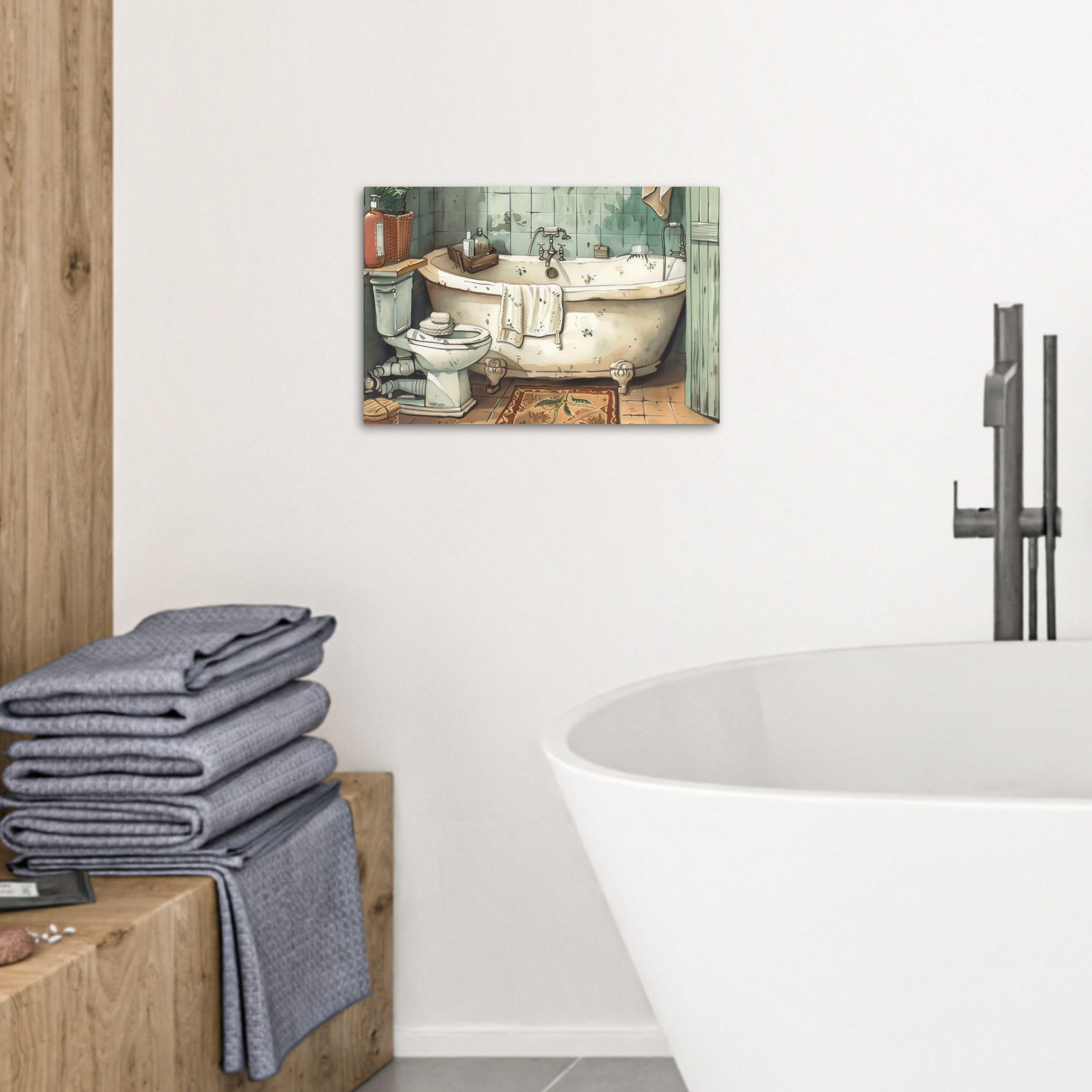 OneMillionCanvasses® Leinwandbild Vintage - Badewanne - Badezimmer - Illustration, Fotodruck (1 St), Badezimmer Deko, Bilder WC, Toilette Wanddeko 20x30 cm – Bild 3 von 5