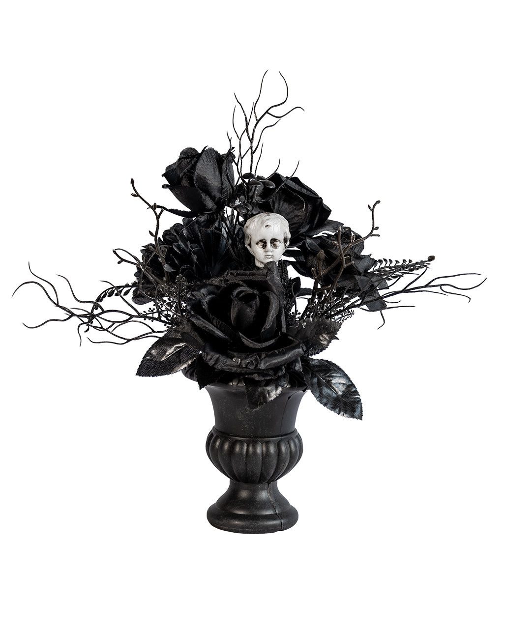Horror-Shop Dekofigur Schwarze Rosen & Puttenkopf in Gothic Vase 31cm –