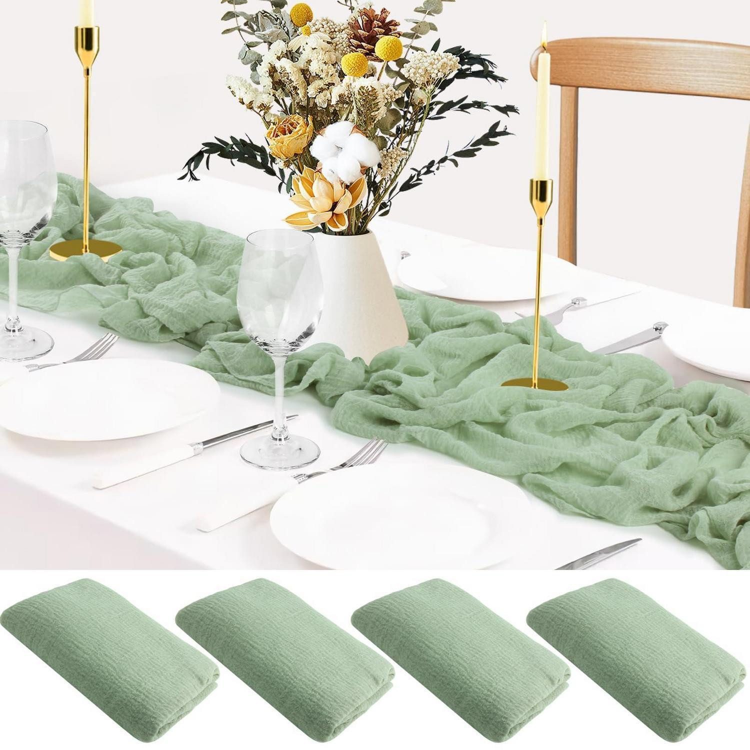 LuxusKollektion Tischläufer Tischläufer Gaze Eukalyptus Grün 80x300cm 4Stück (4-tlg)