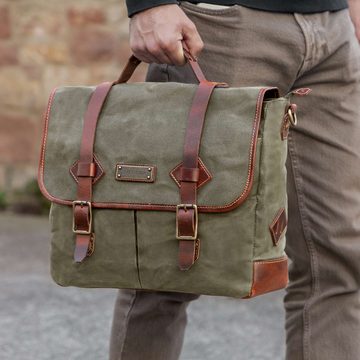 DRAKENSBERG Umhängetasche Umhängetasche »Marty« Wald-Grün, Herren Aktentasche mit 16" Laptopfach aus gewachstem Canvas mit Leder