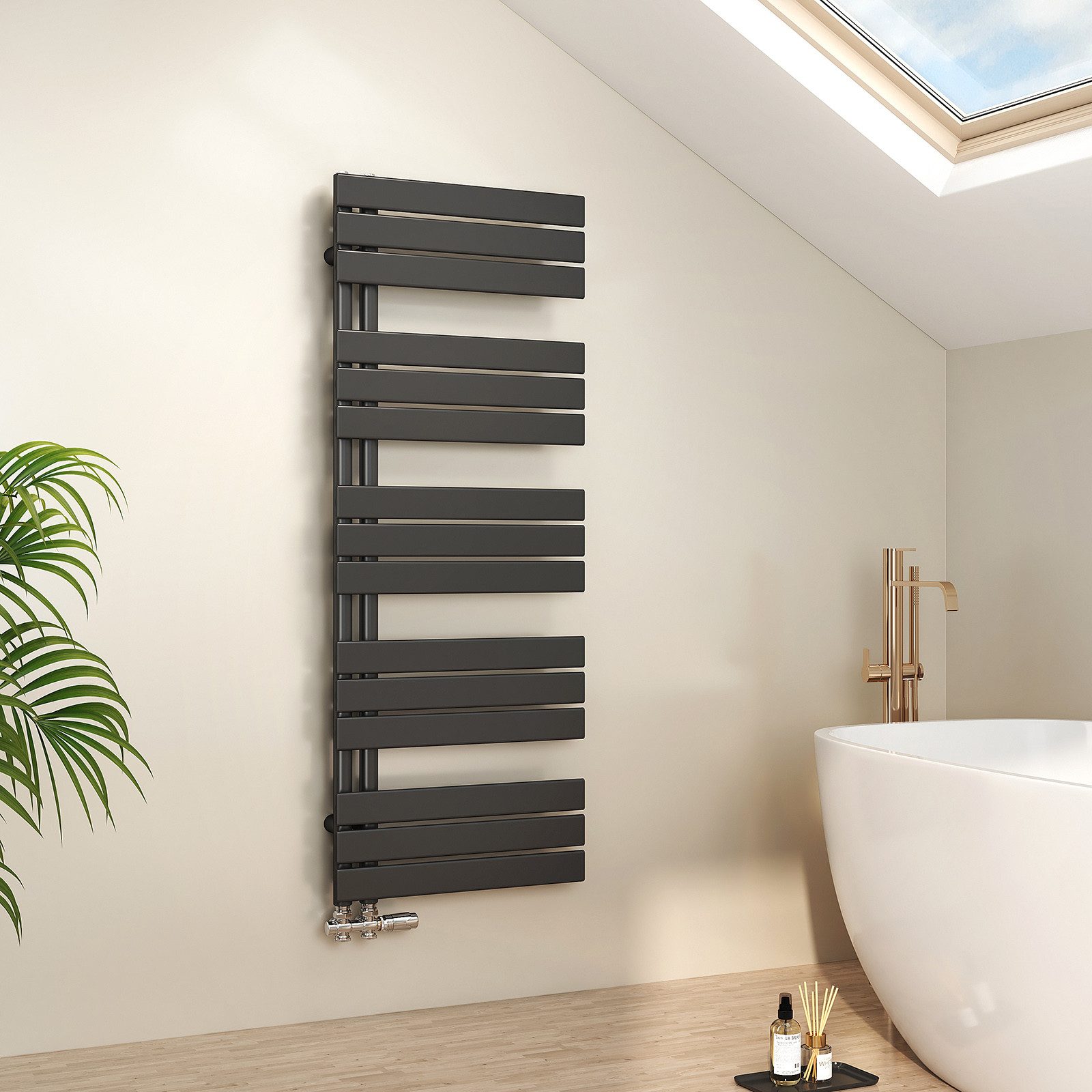 EMKE Paneelheizkörper Schwarz Flach Badheizkörper Design Handtuchtrockner, 132x50cm 661W Bad Warmwasser ohne Multiblock Seitenanschluss