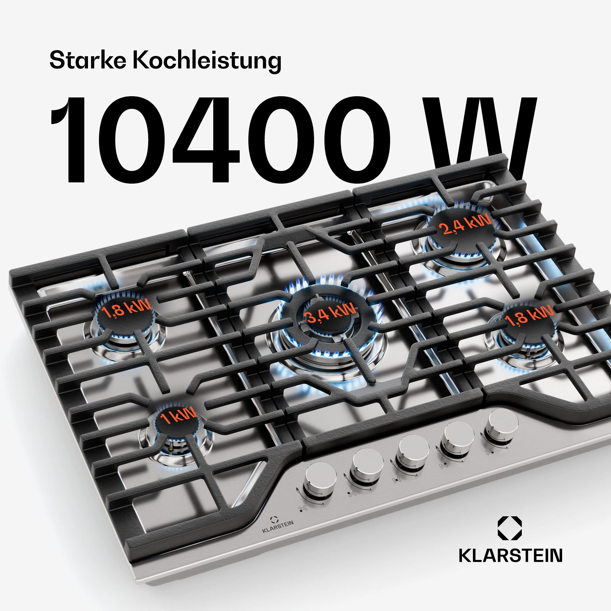 Klarstein Gas-Kochfeld Turbocast, Gaskochfeld 5 Brenner Elektrische Zündung Küche