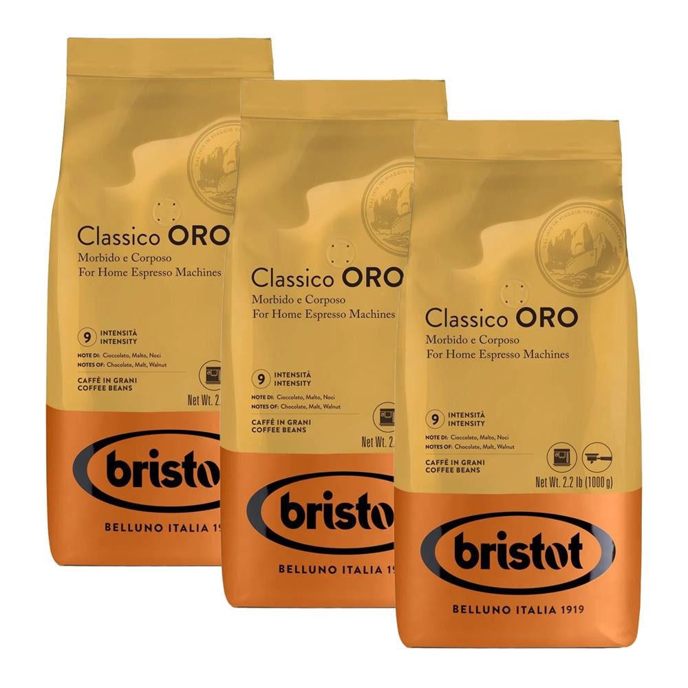 bristot Kaffee Classico ORO Bohnen Kaffeebohnen, 3 x 1000 g, Feine Geschmacksnoten von Schokolade, Malz und Walnuss