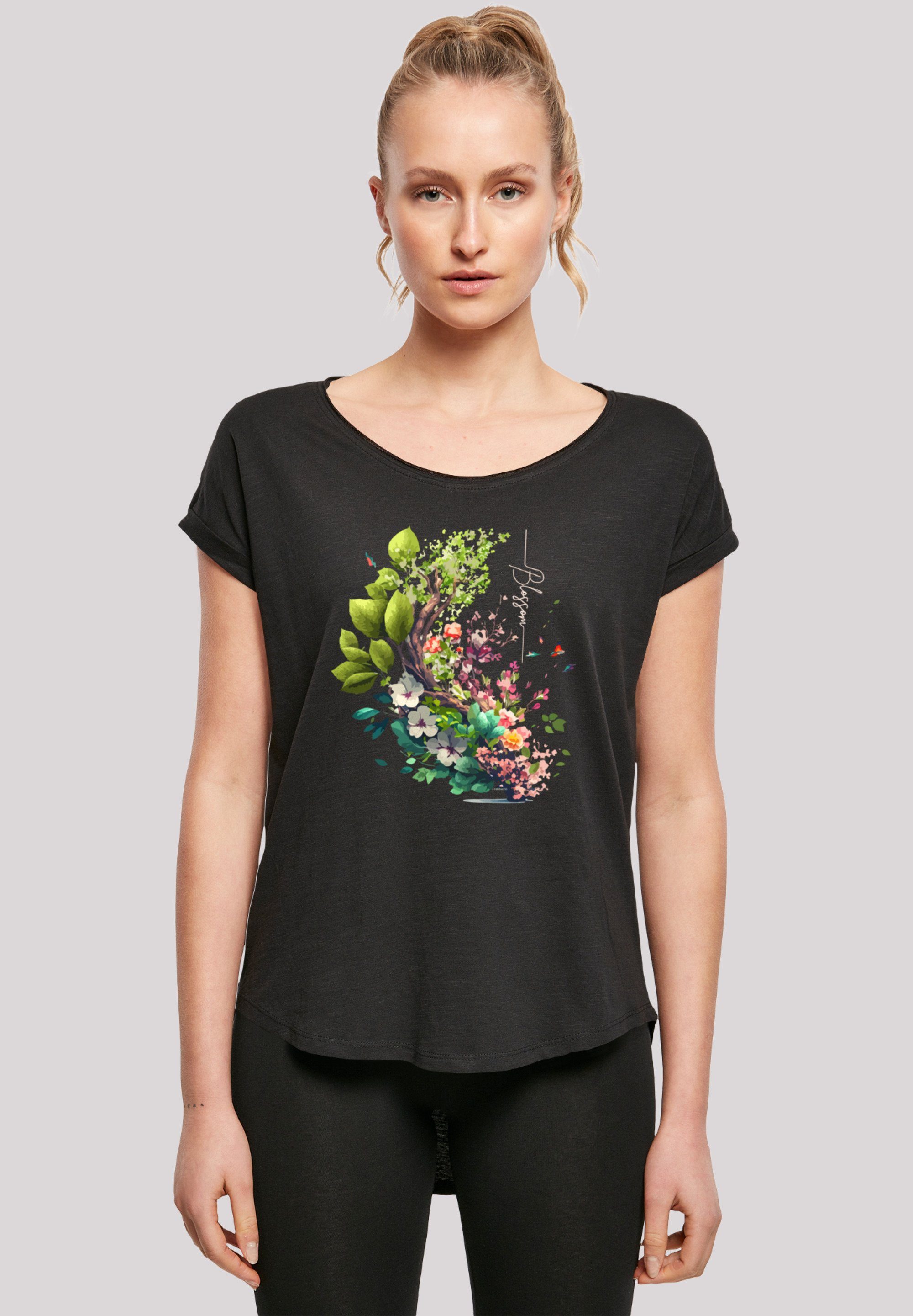 Sehr T-Shirt Tragekomfort weicher Blumen Baum Print, hohem Baumwollstoff F4NT4STIC mit mit