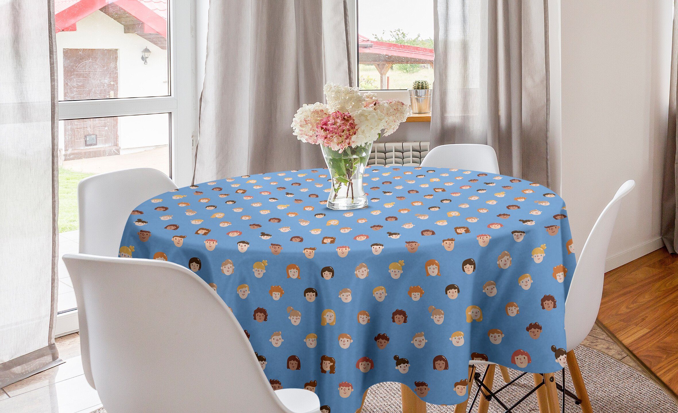 Abakuhaus Tischdecke Kreis Tischdecke Abdeckung für Esszimmer Küche Dekoration, Kindisch Junge und Mädchen Gesicht Porträt