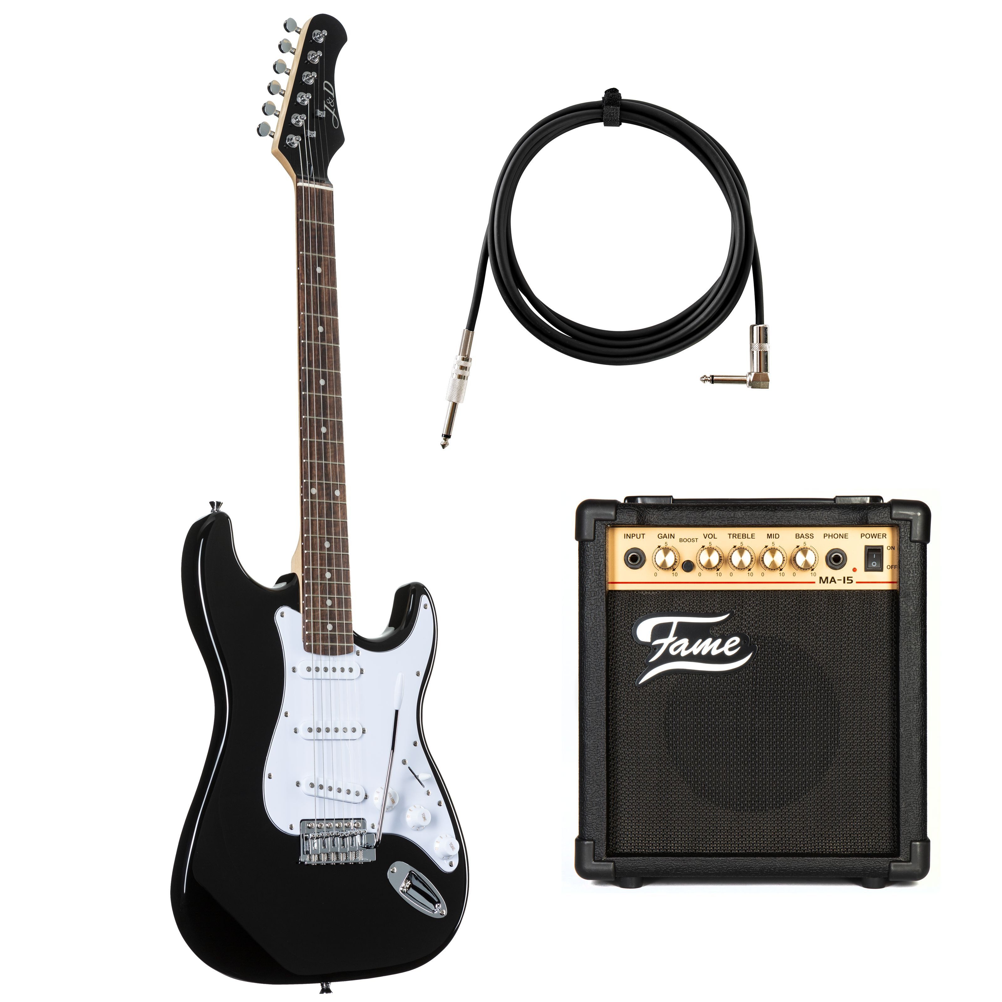 J & D E-Gitarre, E-Gitarren, E-Gitarren-Sets, ST II BK Black + MA 15 - E-Gitarren Anfänger Set