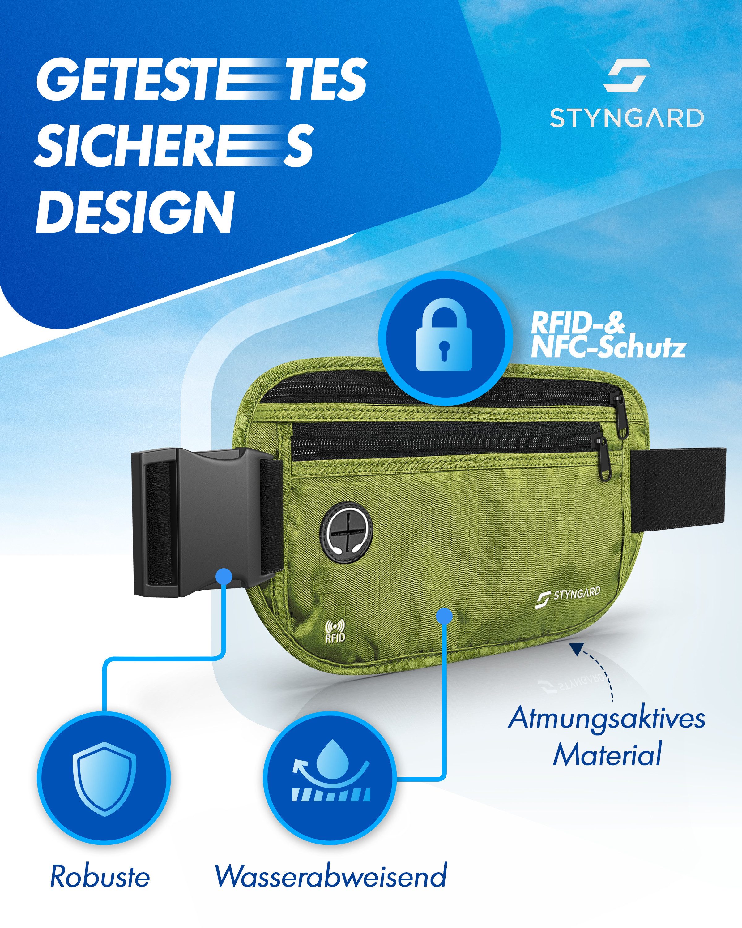 Styngard Bauchtasche Madrid, Flache Bauchtasche Diebstahlsicher RFID Schutz