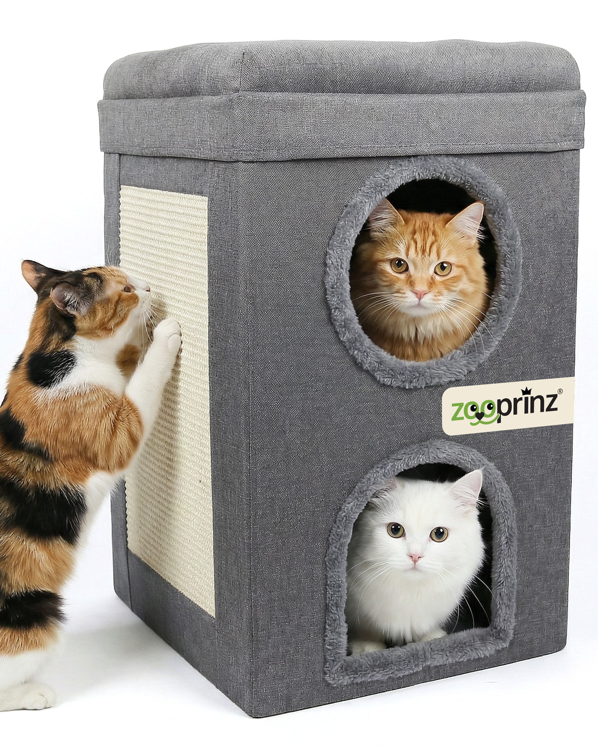 Zooprinz Katzenhaus Katzenhöhle Mona,Kratzfläche, Wendekissen, faltbar, zweistöckig, 39 × 39 × 64 cm, Anti-Rutsch-Boden, Leinenstoff, Grau