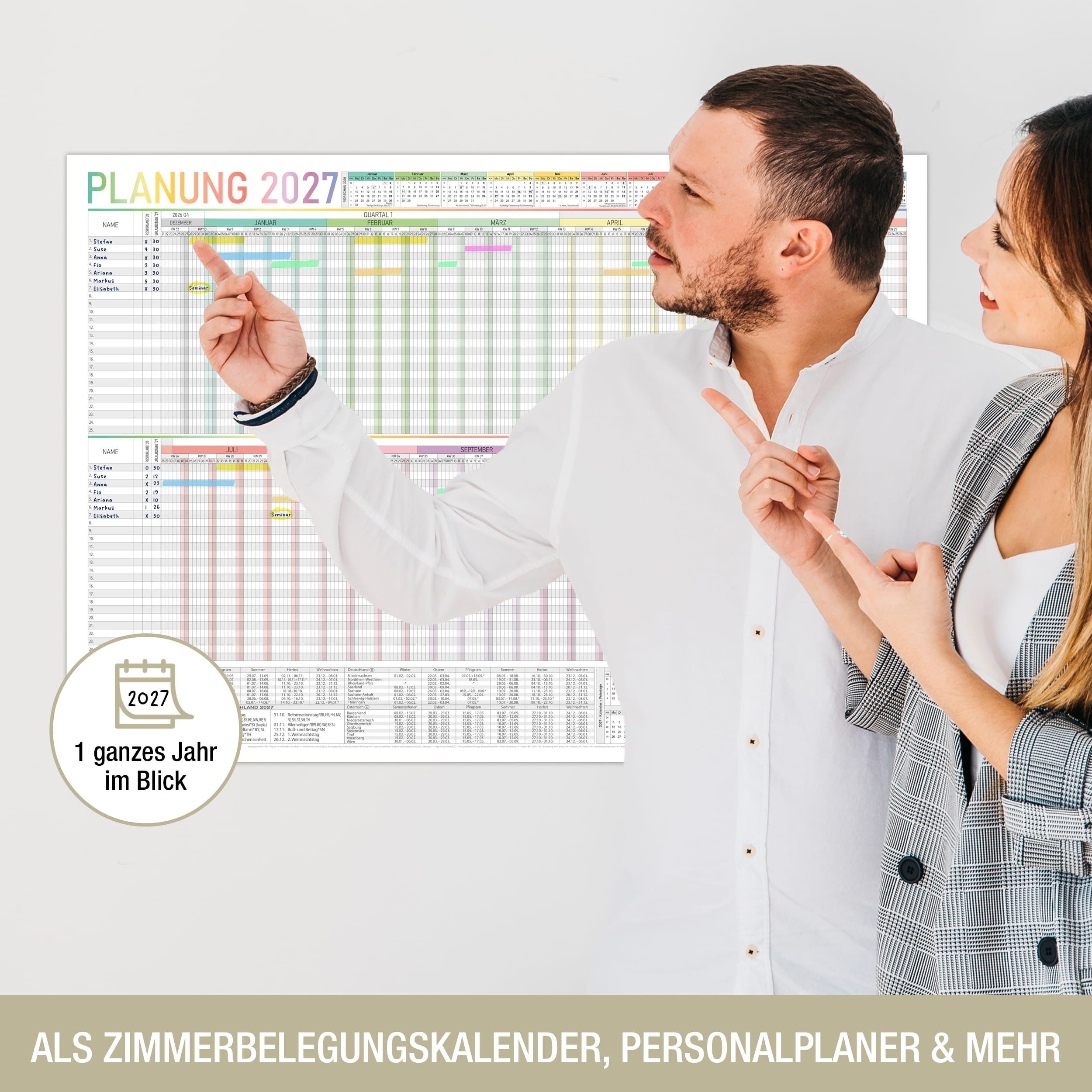 TOBJA Wandkalender Urlaubsplaner 2027 A1 Bunt – XXL Wandkalender 25 Personen, A1 XXL, 25 Personen, Regenbogen, Ferienübersicht – Bild 3 von 5