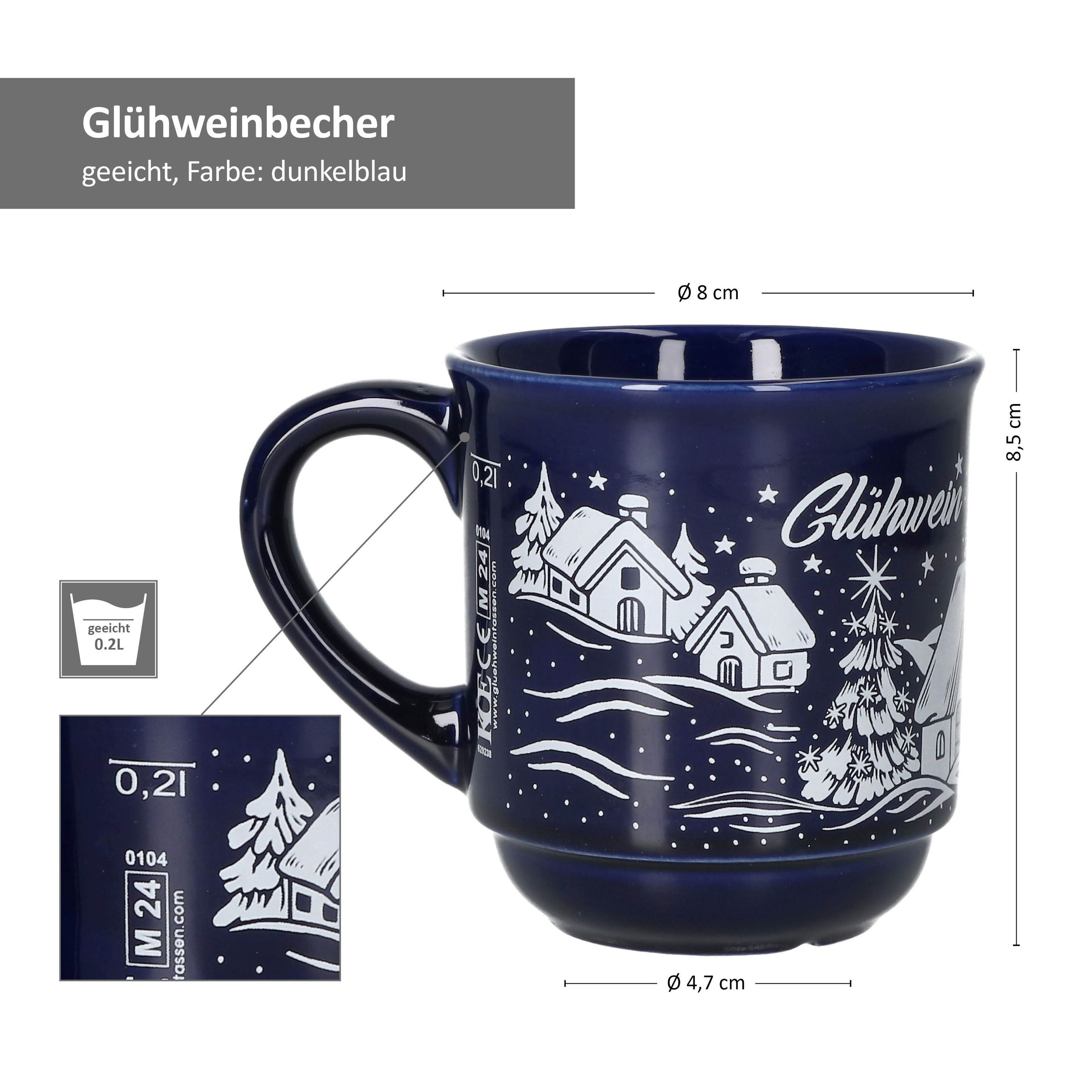 MamboCat Tasse 6er Set Glühweinbecher dunkelblau Weihnachtslandschaft 0,2L geeicht, Keramik, Weihnachtsgeschirr, Weihnachten, Weihnachtsmarkt, Punsch