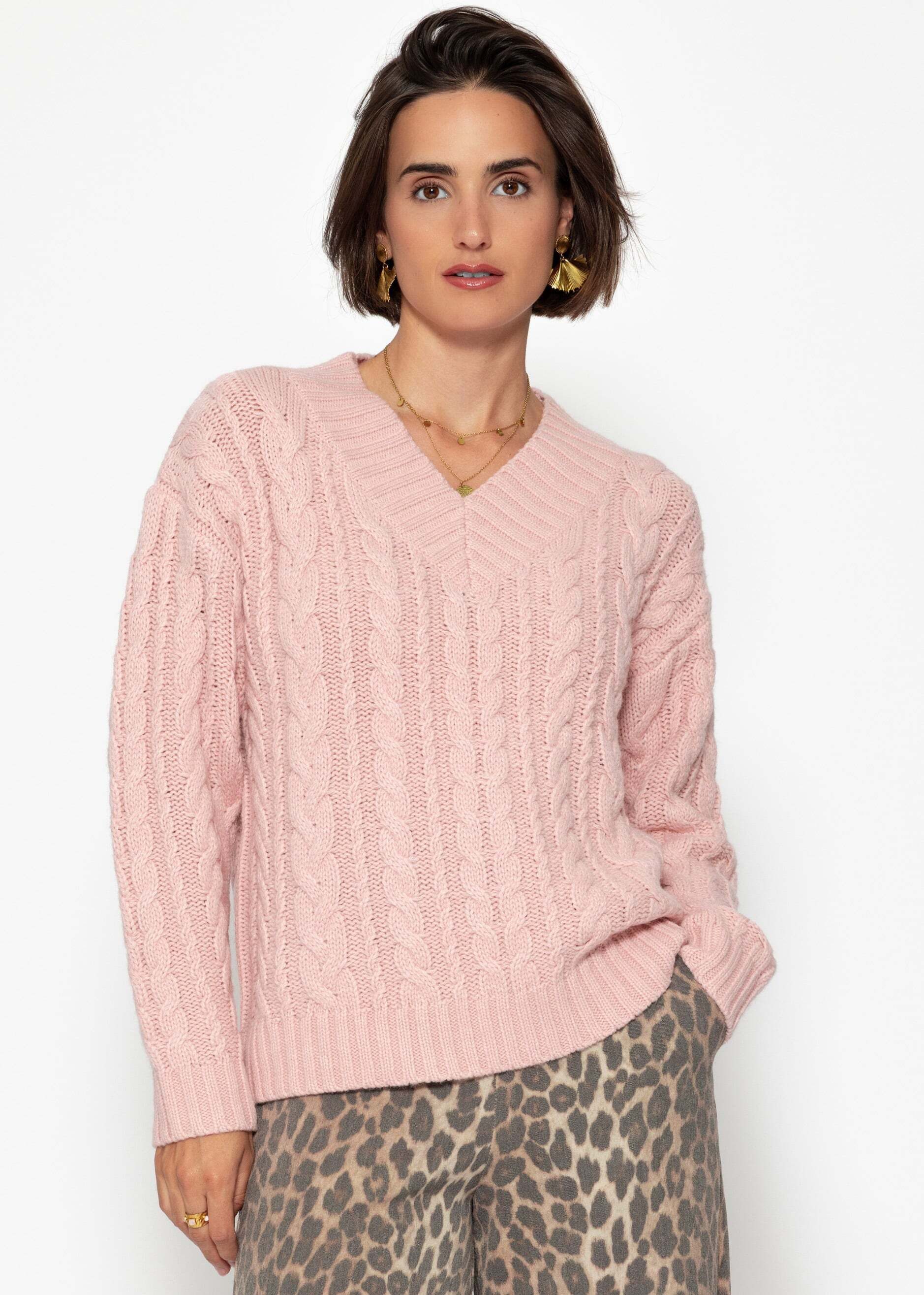 SASSYCLASSY Вязаные свитера Zopfstrickpullover mit V-Ausschnitt für Damen Weicher Пуловеры mit Rippstruktur am Bündchen Rosa Schwarz Offwhite