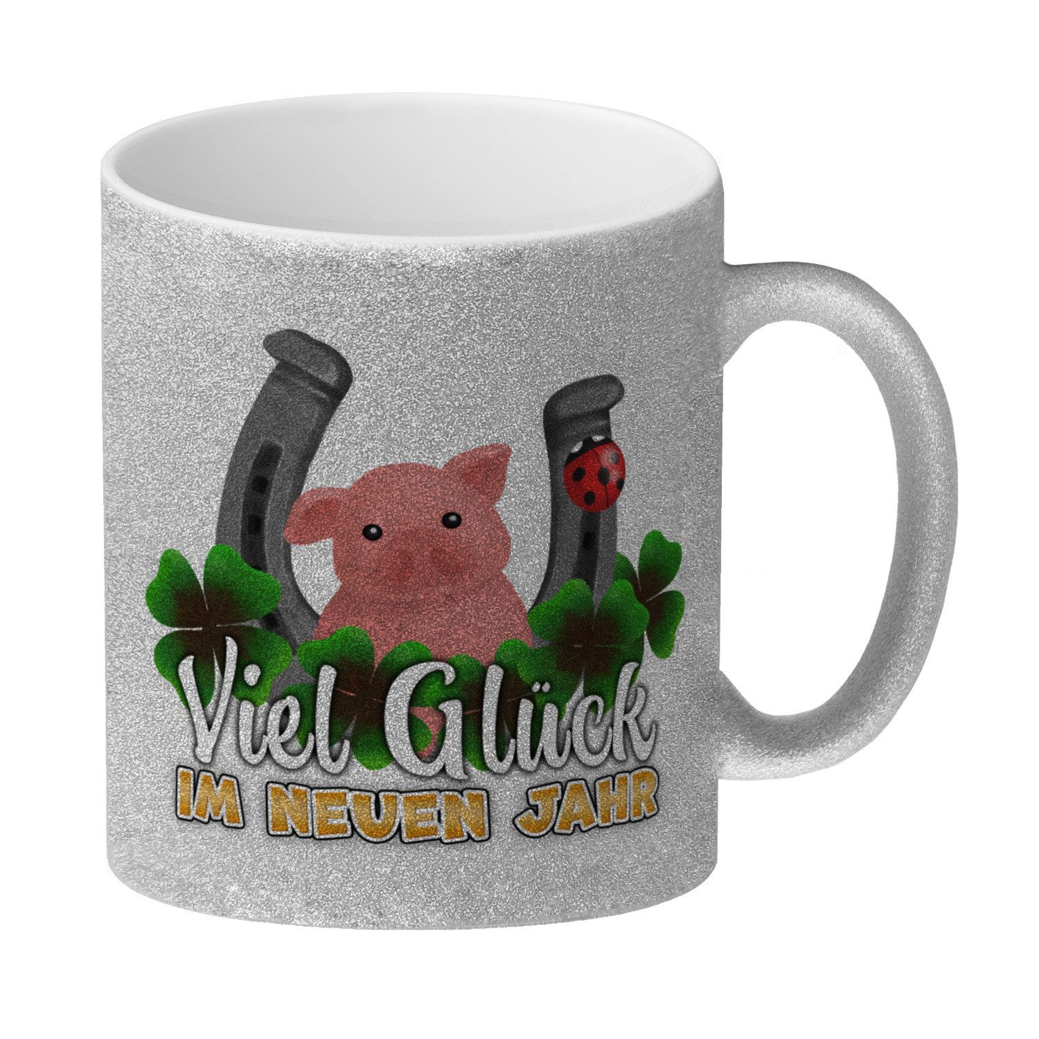 Tasse Viel Glück im neuen Jahr Glitzer-Kaffeebecher mit Glücksbringern