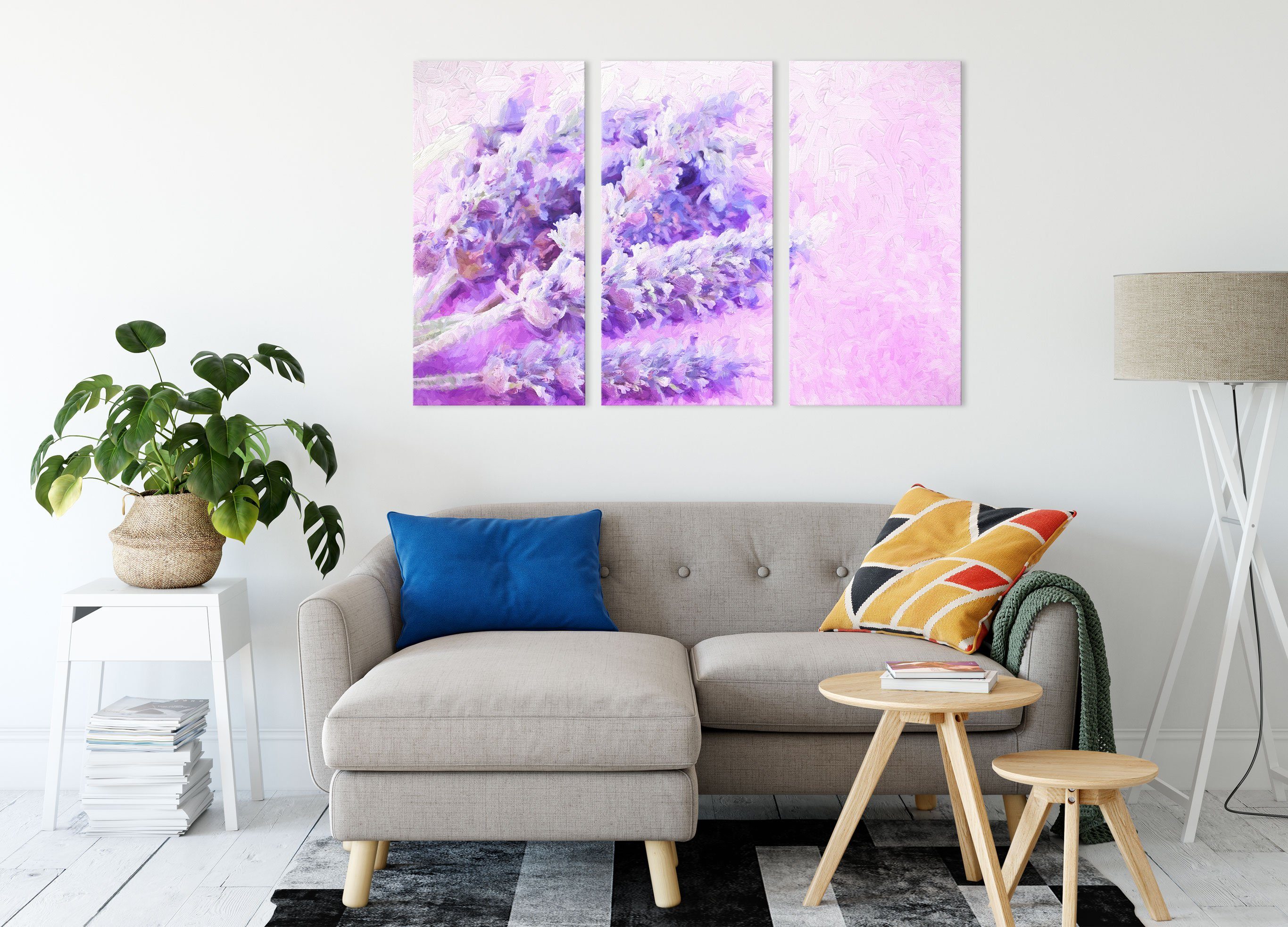 (120x80cm) inkl. Kunst, Leinwandbild Kunst fertig bespannt, getrockneter Leinwandbild (1 Lavendel 3Teiler St), getrockneter Zackenaufhänger Pixxprint Lavendel