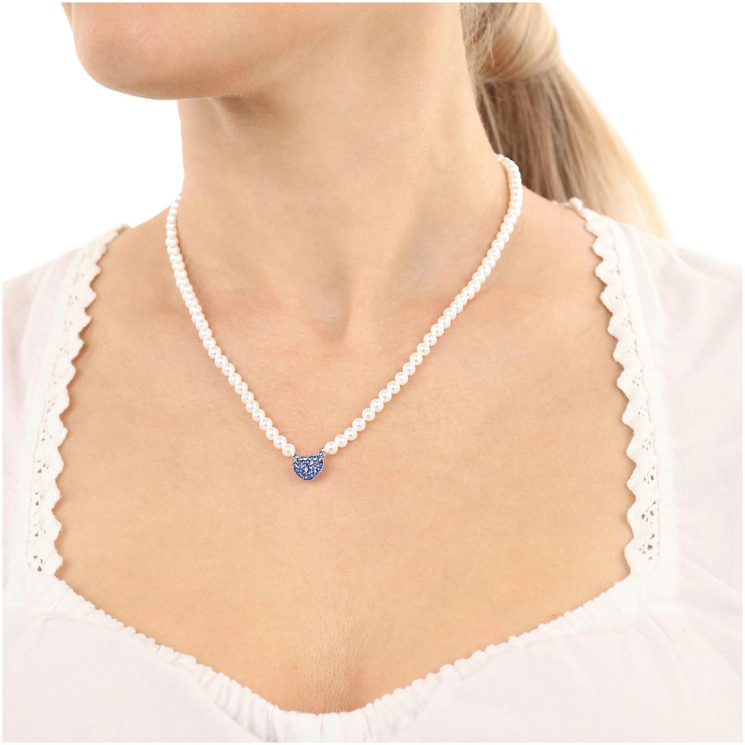 Amor Kette mit Anhänger Herz, Trachtenschmuck, Volksfest, mit Kristallglas - mit Muschelkernperle