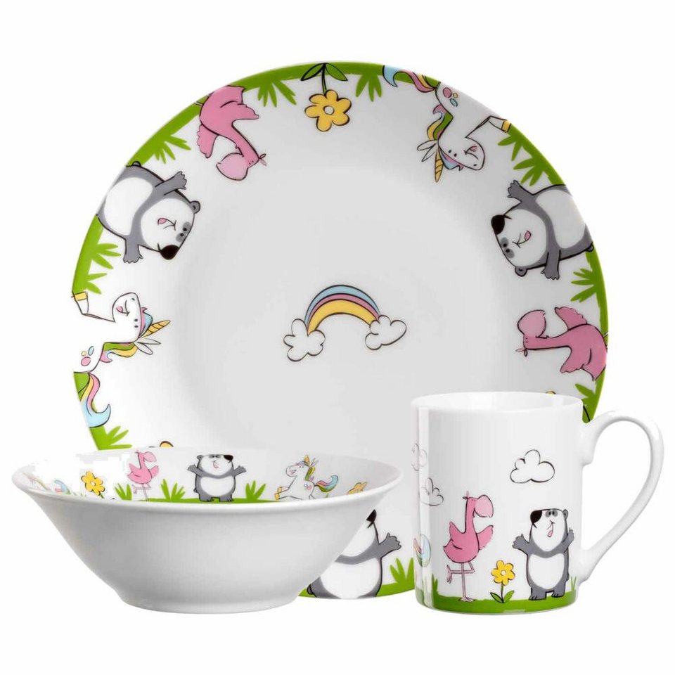 LEONARDO Kindergeschirr-Set Bambini 3-tlg. Einhorn Panda Flamingo (3-tlg),  1 Personen, Porzellan, Mit schönen Kindermotiven