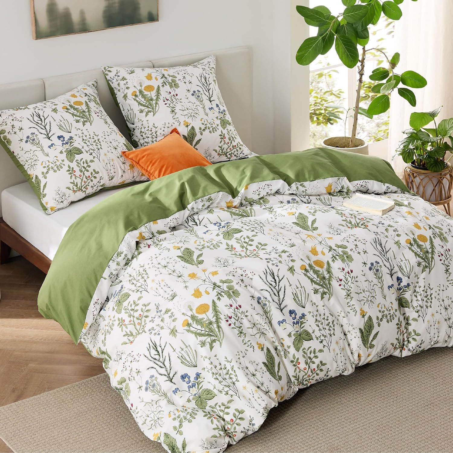 wohnTRAUM24 Bettwäsche Bettwäsche Pflanzenmuster Wende Bettwäsche Set für Allergiker Geeignet, Wendbar Bettbezug mit Reißverschluss und Kissenbezug 80x80cm