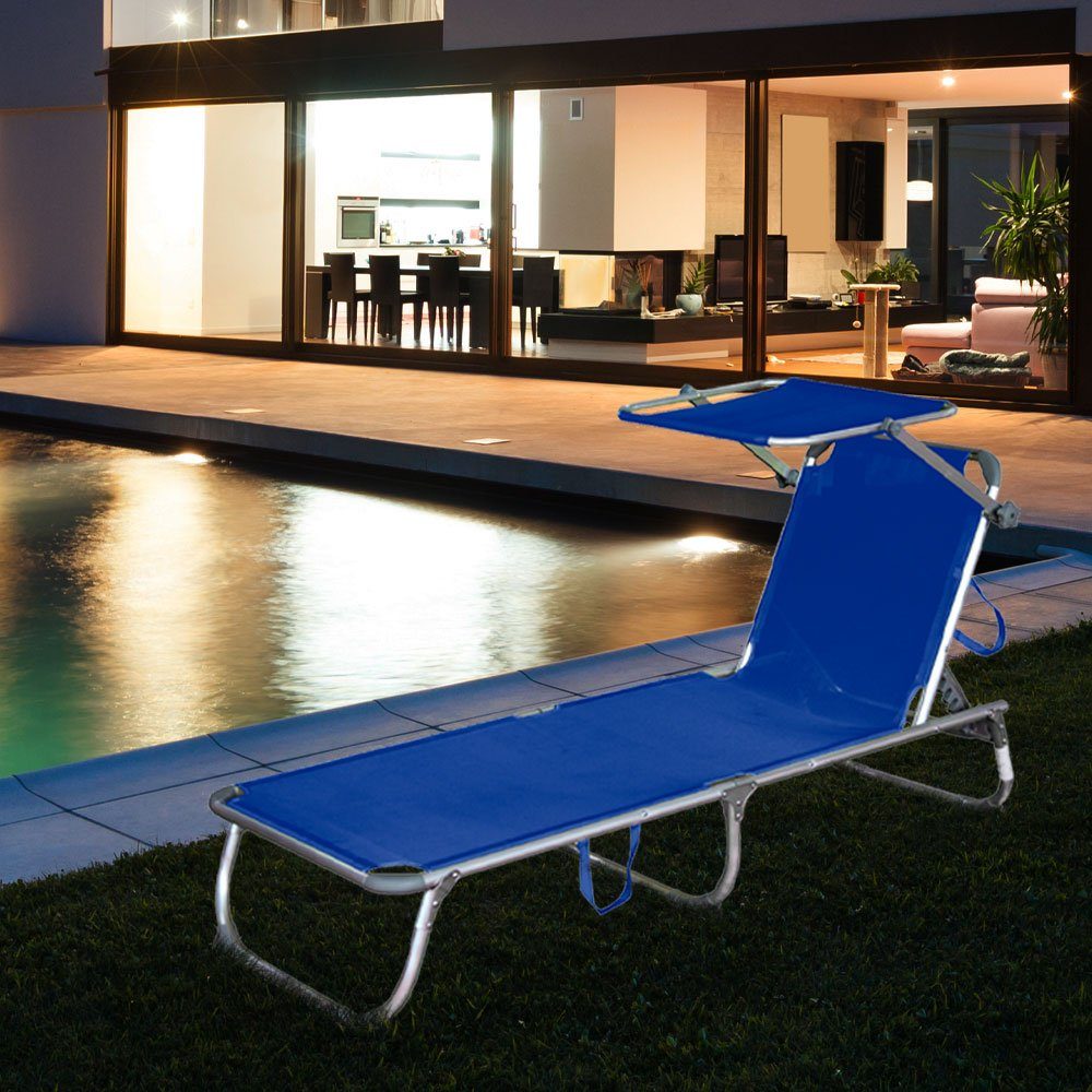 mit Sonnenliege verstellbar blau etc-shop Gartenstuhl, Dreibeinliege Alu/Stahl Sonnendach