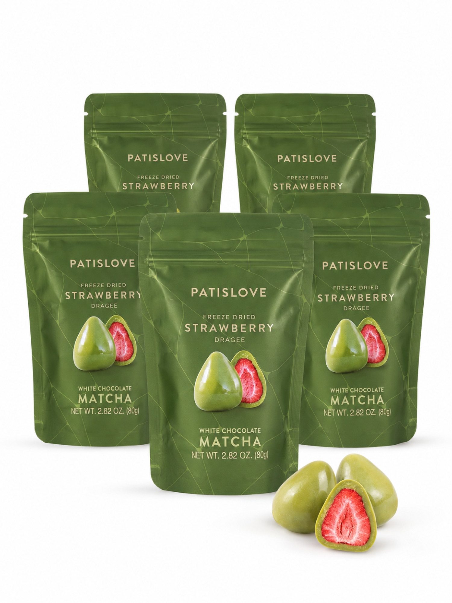 PATISLOVE Schokolade Matcha Erdbeer-Dragees gefriergetrocknet 80 g süßer Snack, 1 x 80 g, mit gefriergetrockneter Erdbeere, mit Matcha