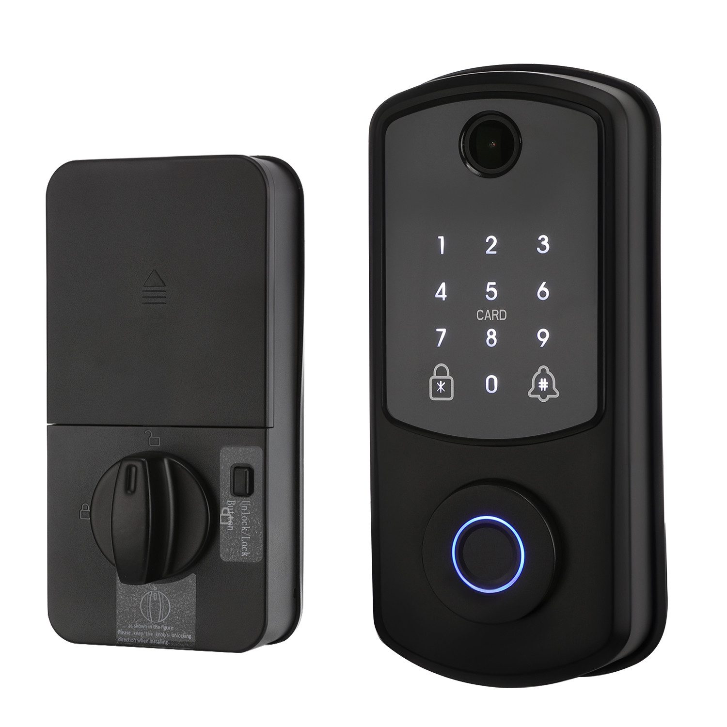 WILGOON Türschlossantrieb Smartes Türschloss Fingerabdruck mit Kamera Wasserdichtes Schloss Lock, (Packung, Smartes türschloss, NFC-Karte x2, Anleitung x1, Zubehörbox x1), Fingerabdruck, NFC-Karte, Passwort entsperren, Fernentriegelung