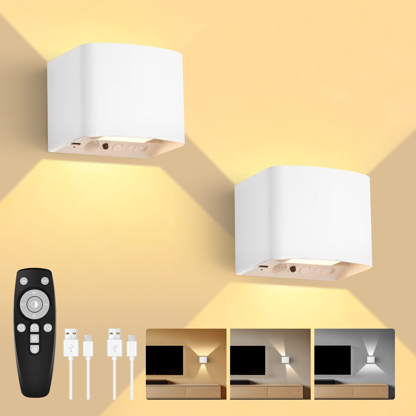 GeyouLux Wandleuchte 5000mAh Aufladbare Wandleuchte Innen, Fernbedienung & Dimmbar, LED-Lampen, LED Wandlampe mit Bewegungsmelder, 2 Stück