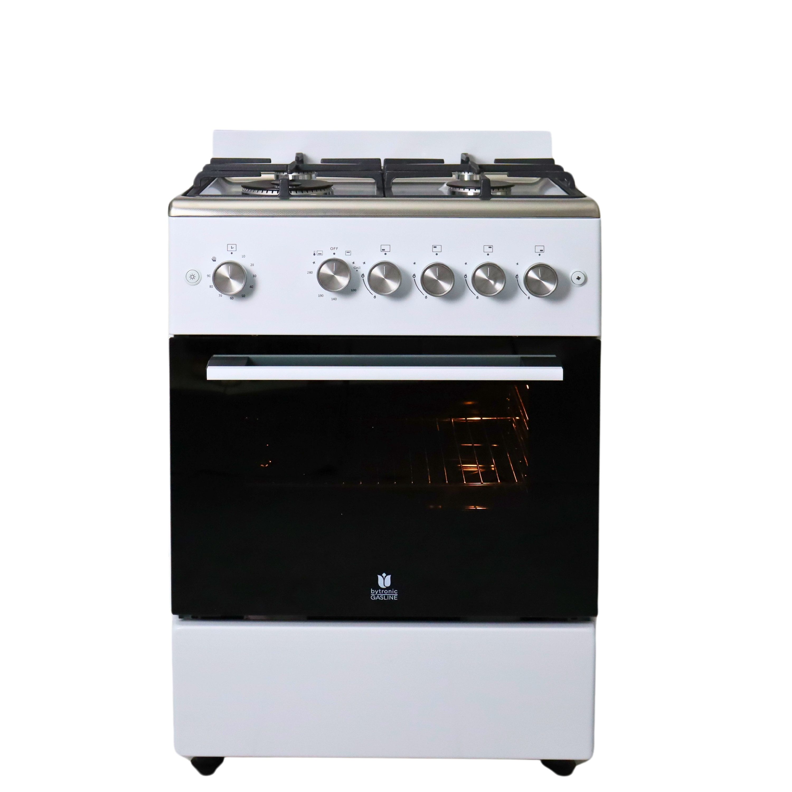 Gasline Gas-Standherd Gasbackofen mit Thermostat, 60cm breit SHGG6060FGWW, mit Grill, Umluft und Backofenbeleuchtung, Weiß / Strukturiertes Edelstahl-Kochfeld, elektrische Zündung, Erdgas Propangas