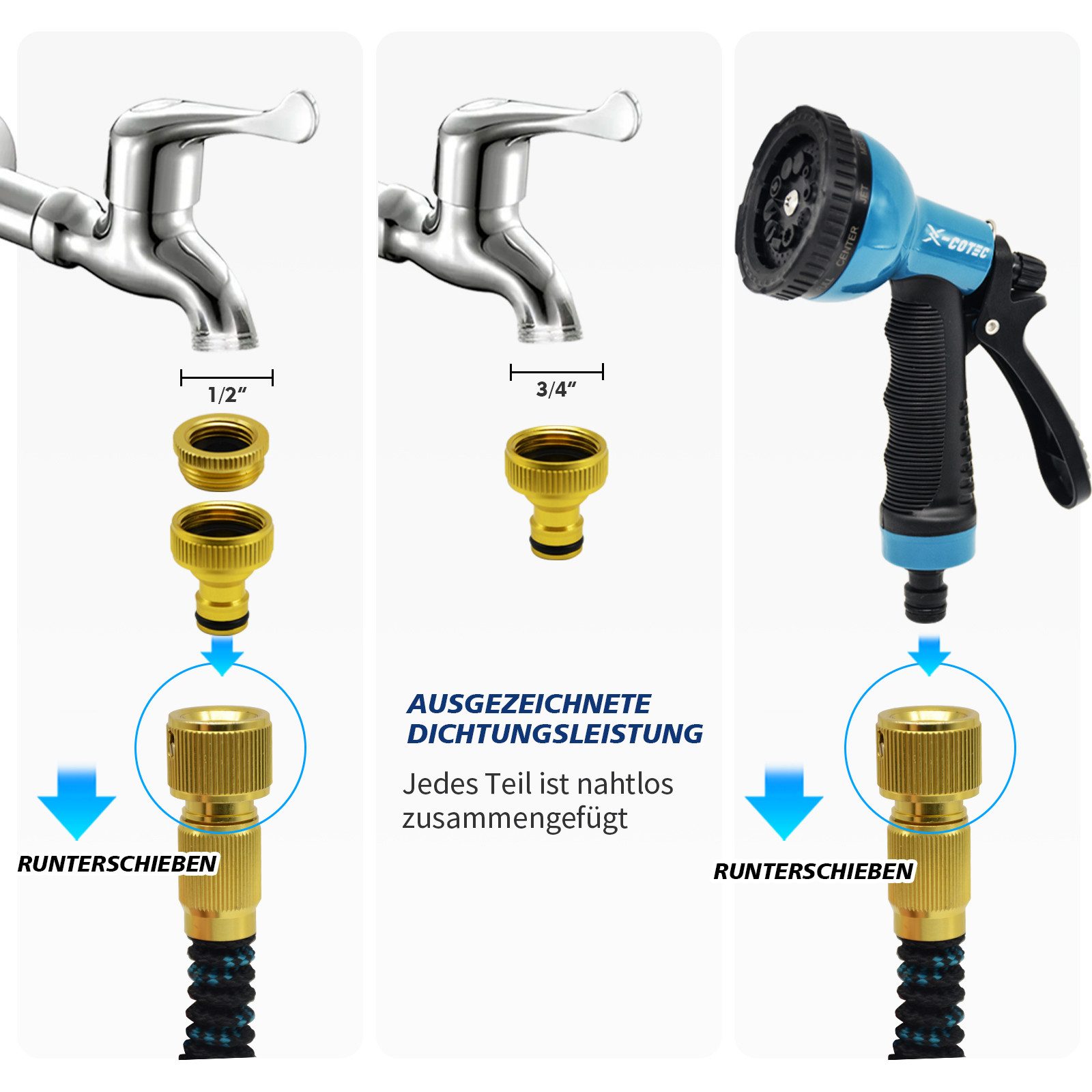 Thumbnail - X-COTEC Gartenschlauch Flexibel 15m – Dehnbar, platzsparend, 10 Sprühmodi, 3-lagiges Latex + 3750D Gewebe, Universelle M...