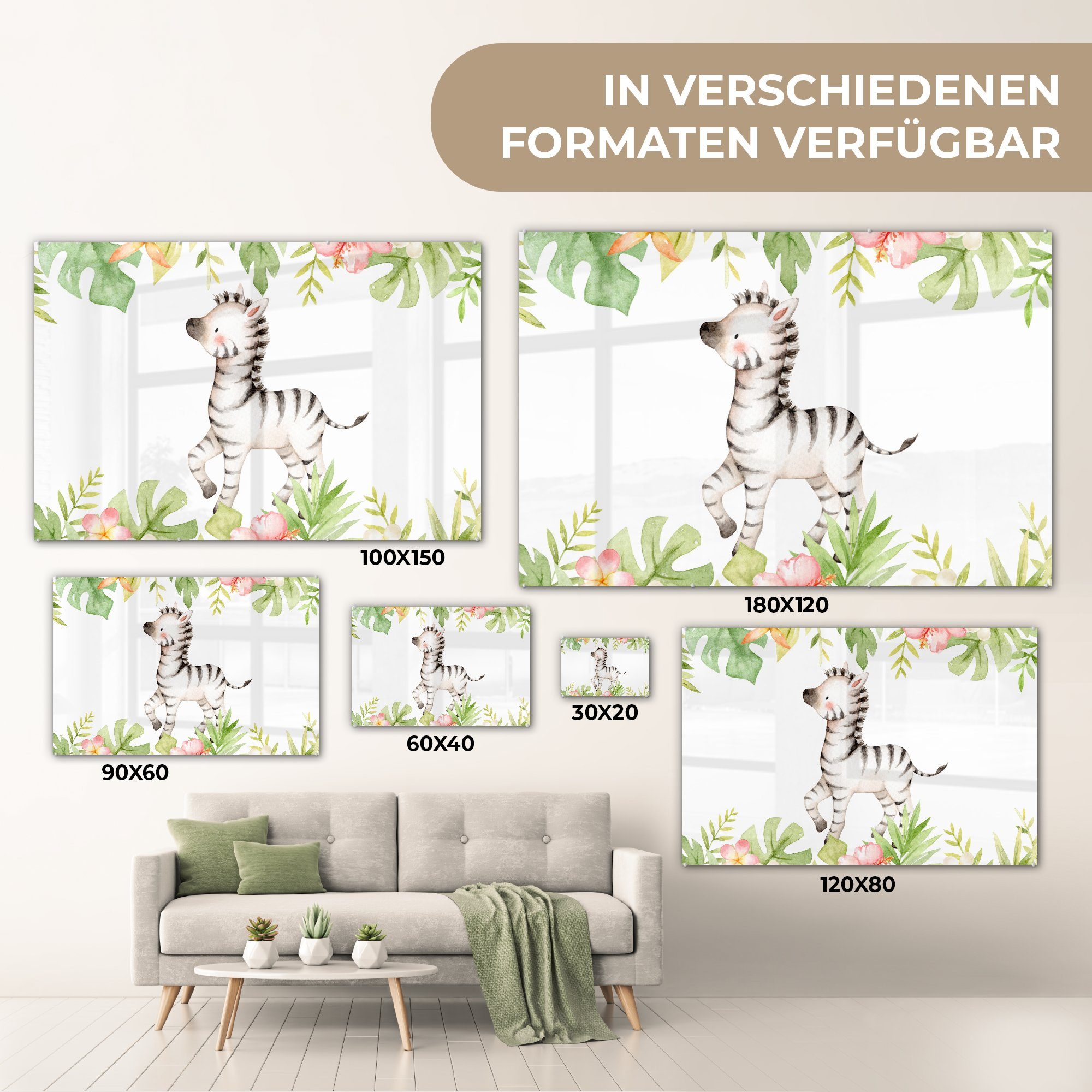 - Glasbilder Wandbild - (1 Blumen Dschungel - Aquarell, St), Foto auf MuchoWow Zebra Acrylglasbild - Glas Wanddekoration Bilder - Glas - auf