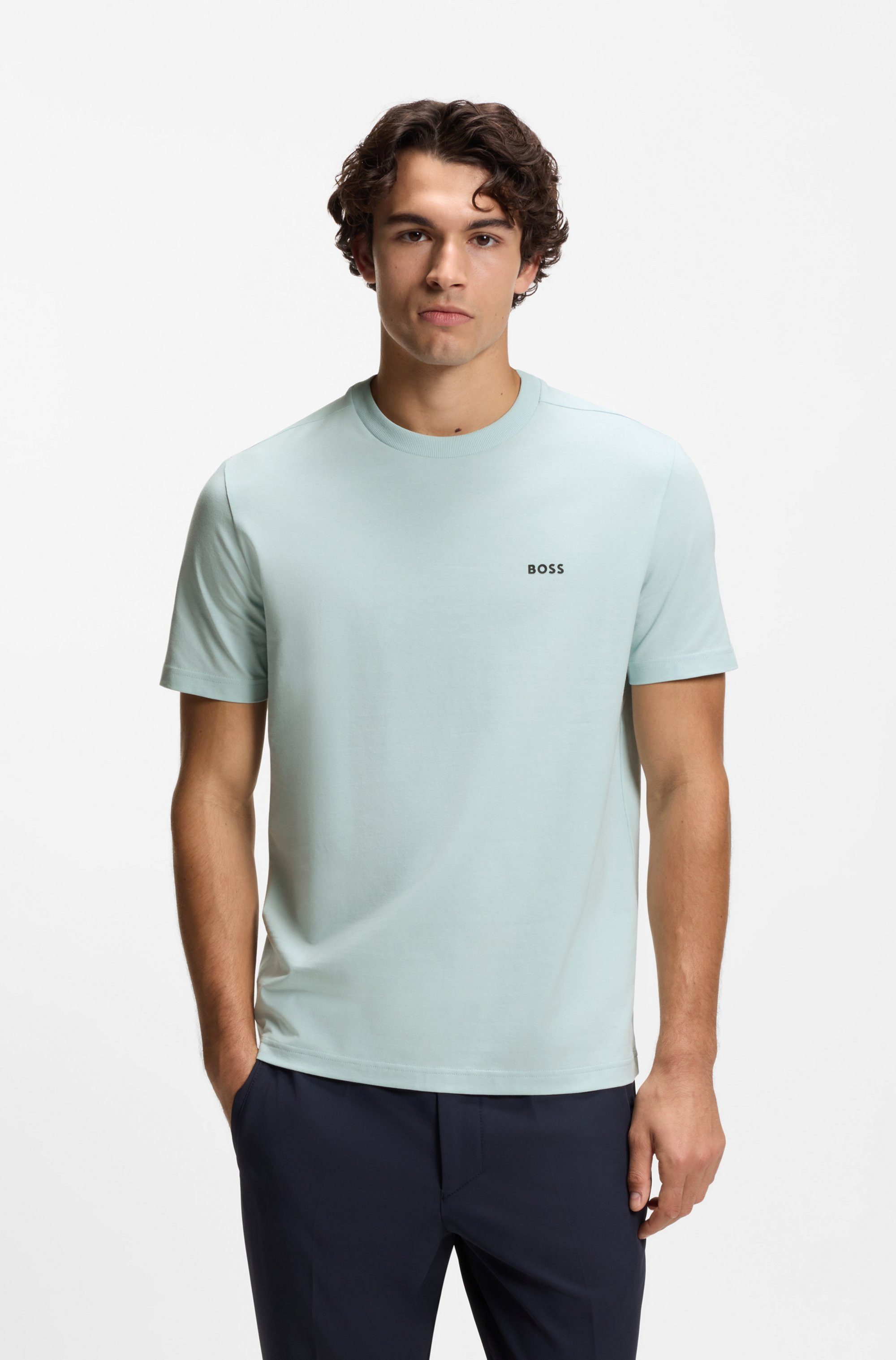 BOSS GREEN Rundhalsshirt Tee Regular Fit Stretch Jersey Cotton, Logo on Chest, Rundhals