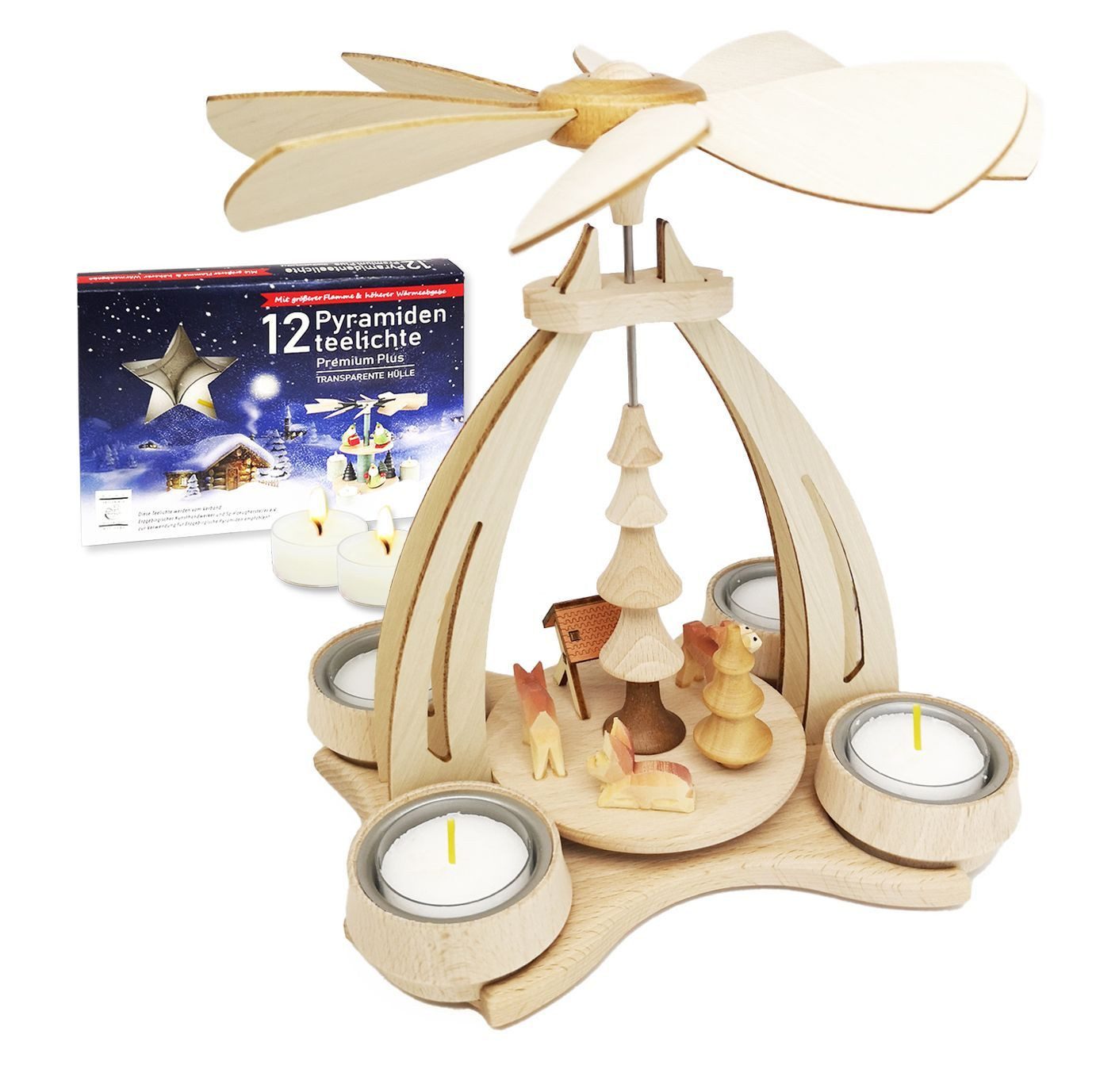 Dekoteam24 Weihnachtspyramide Tischpyramide - Rehe mit Futterkrippe - 14x18x24cm
