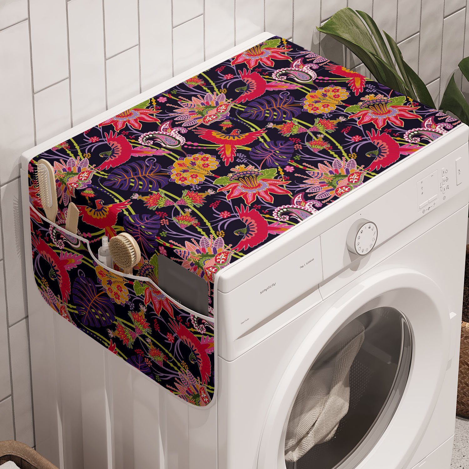 Abakuhaus Badorganizer Anti-Rutsch-Stoffabdeckung für Waschmaschine und Trockner, Jacobean Floral Jungle Illustration
