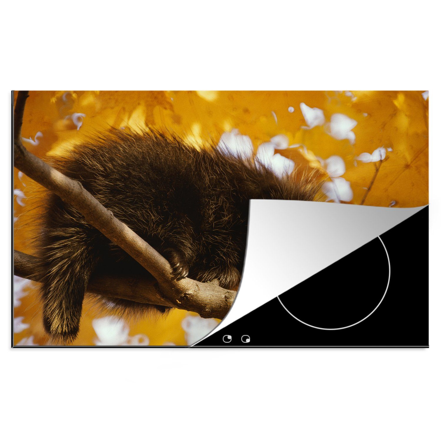 MuchoWow Herdblende-/Abdeckplatte Stachelschwein für gelbe Blätter, Vinyl, (1 tlg), 81x52 cm, Induktionskochfeld Schutz für die küche, Ceranfeldabdeckung