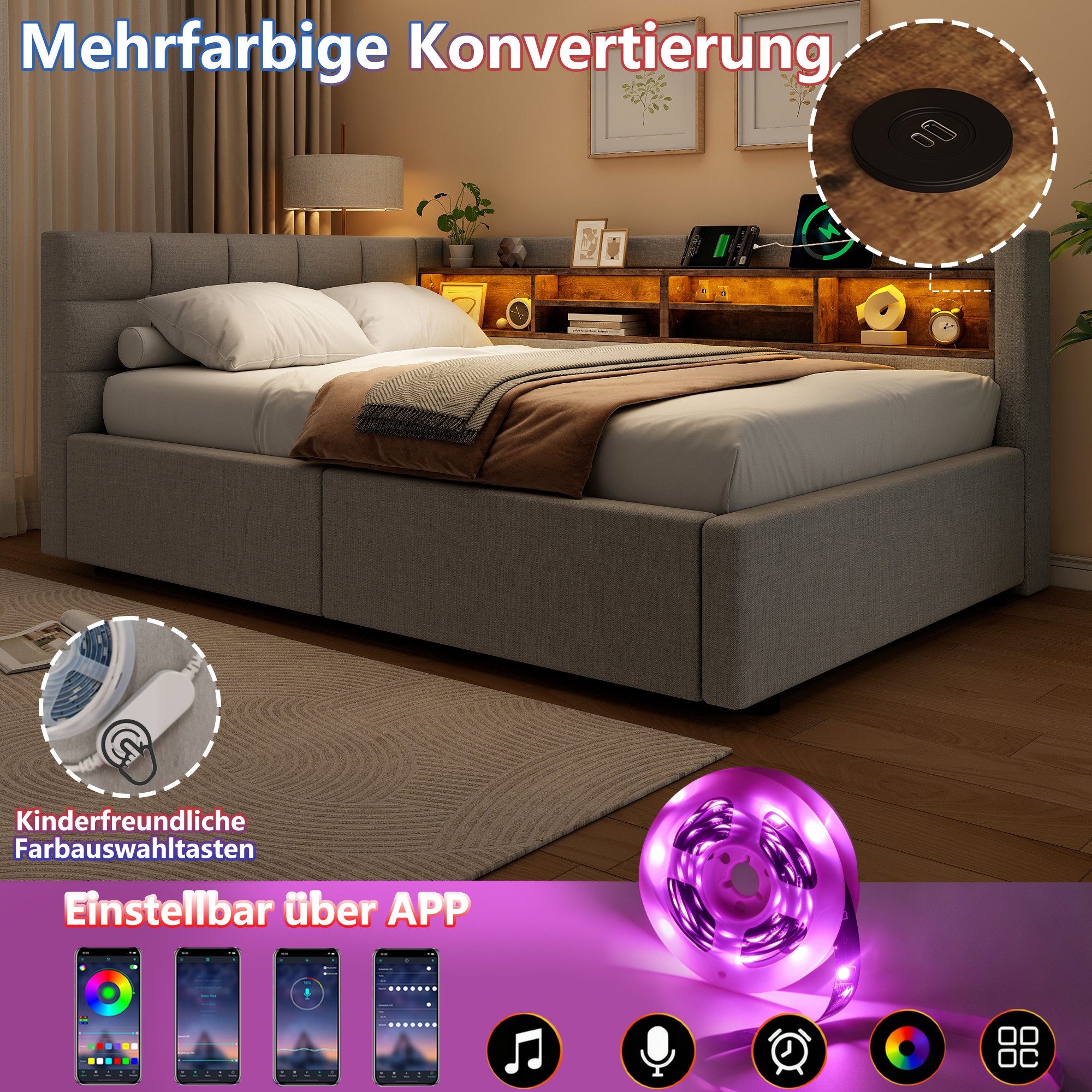 Merax Daybett mit LED-Beleuchtung & USB-Anschluss, Polsterbett mit Leinenbezug (Schlafsofa Jugendbett, 1 tlg), Tagesbett 90x200cm mit hydraulischem Stauraum & S – Bild 5 von 5